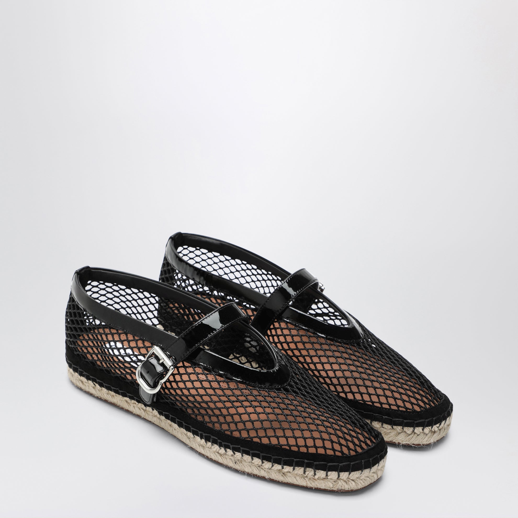 Mesh and patent leather espadrilles in black