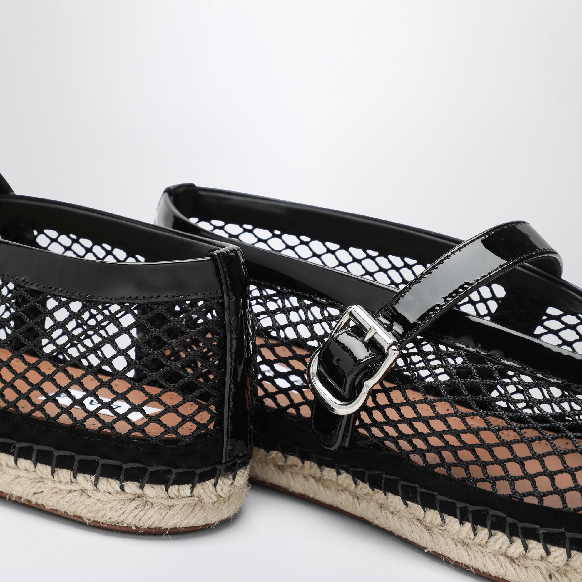 Mesh and patent leather espadrilles in black