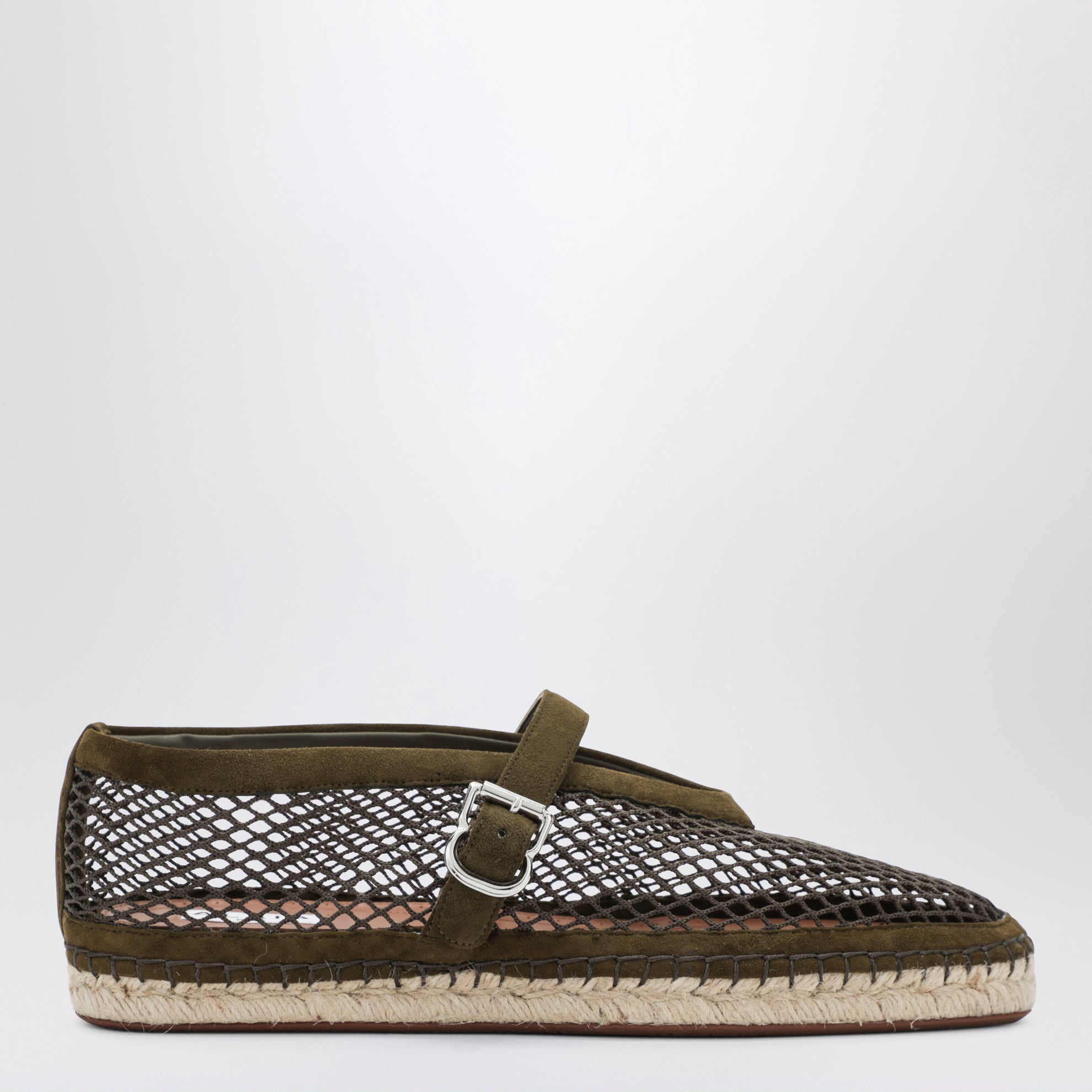 Espadrillas in rete e pelle scamosciata verde camouflage