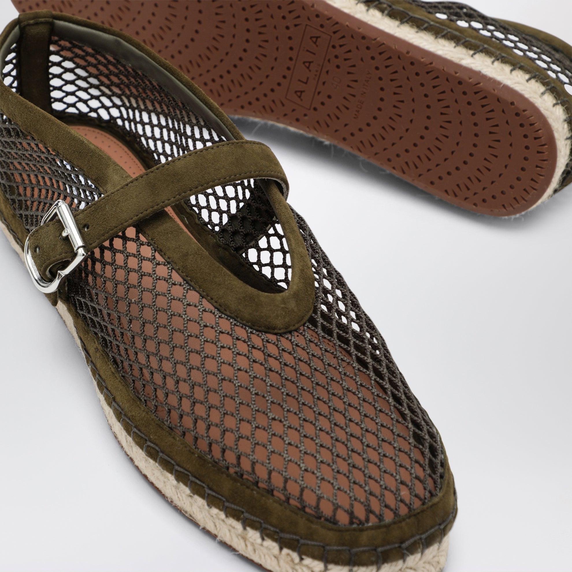 Espadrillas in rete e pelle scamosciata verde camouflage
