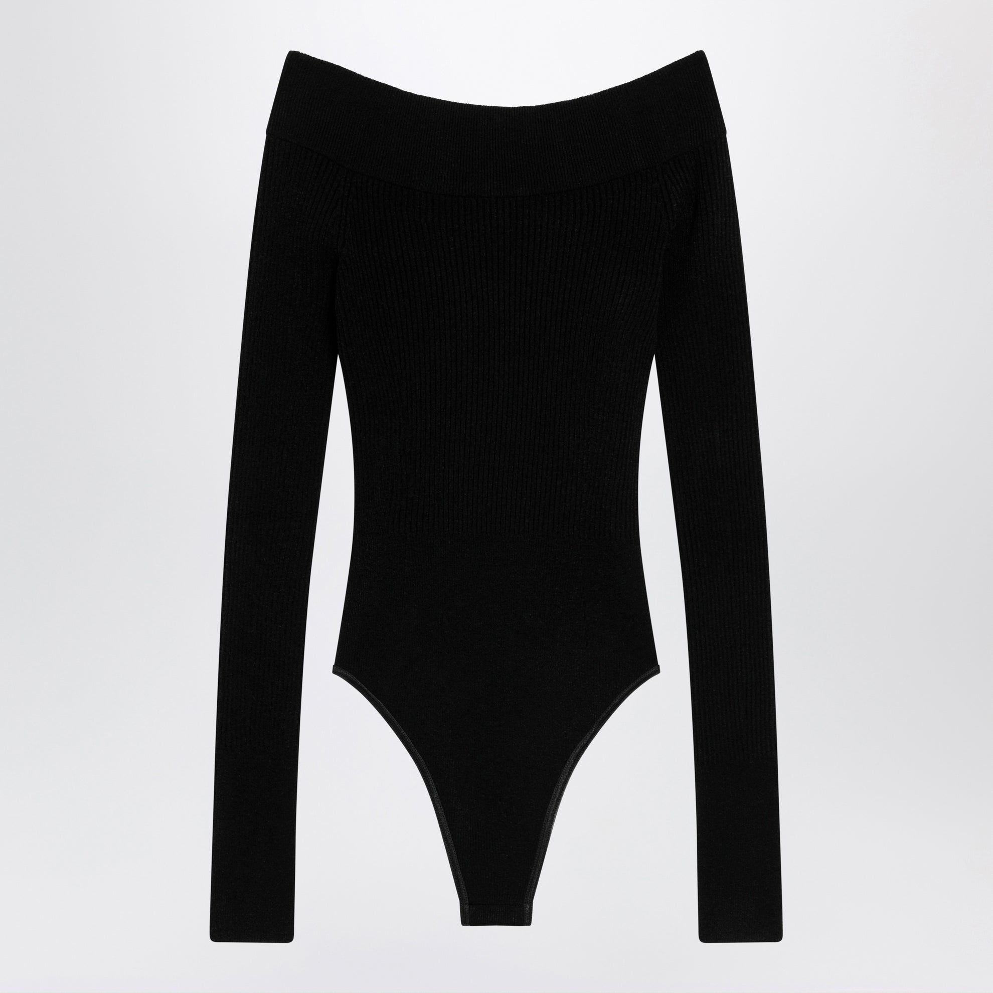 Shaping ribbed knit off-shoulder bodysuit in black