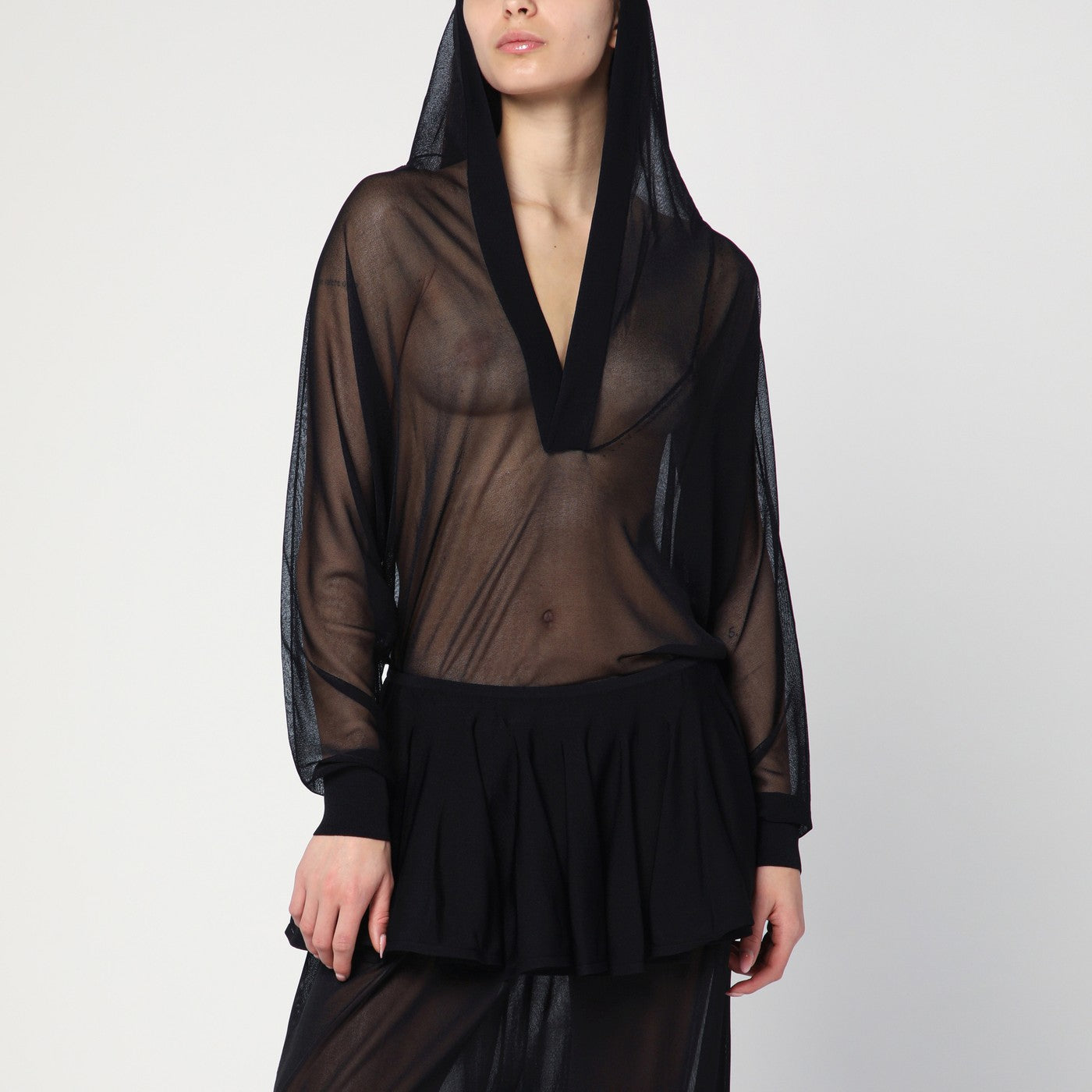Hooded black bodysuit in fine knit