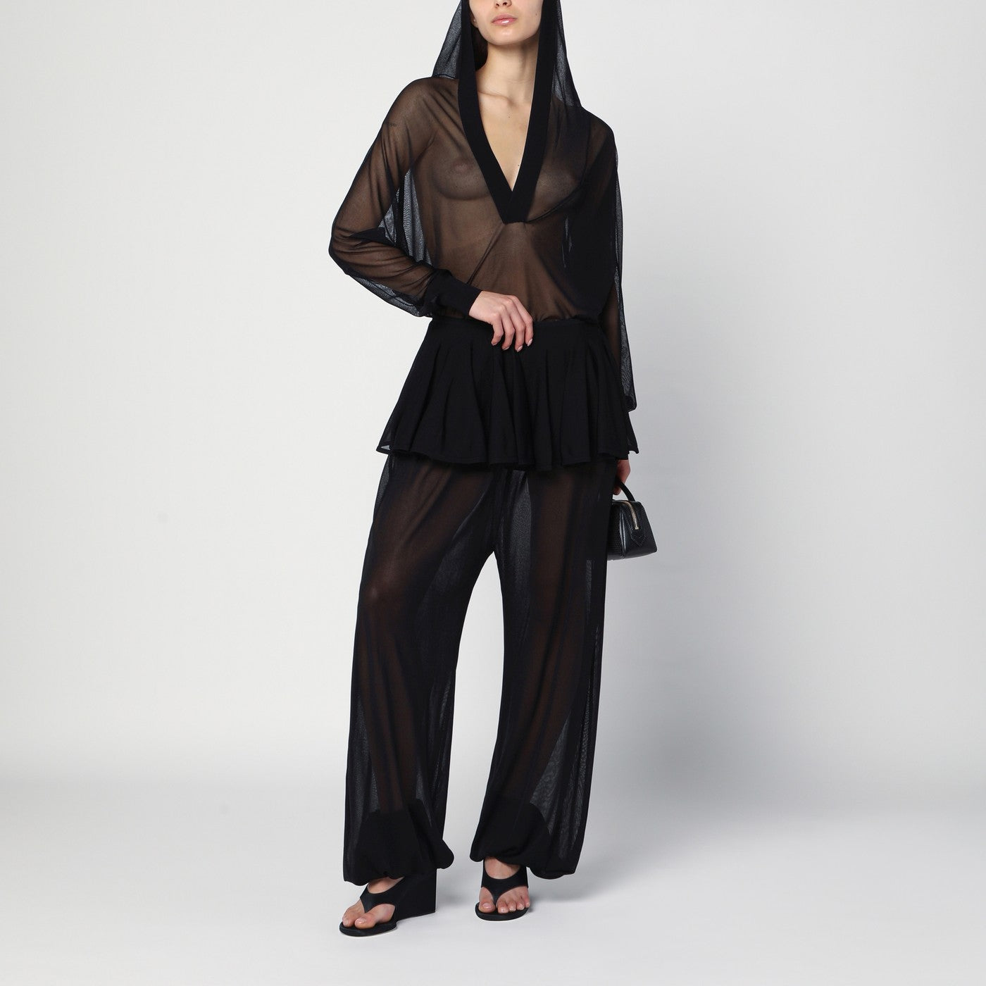 Hooded black bodysuit in fine knit