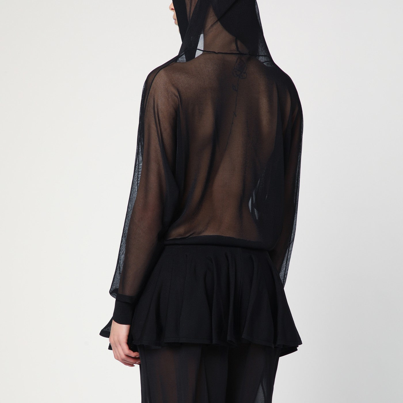 Hooded black bodysuit in fine knit