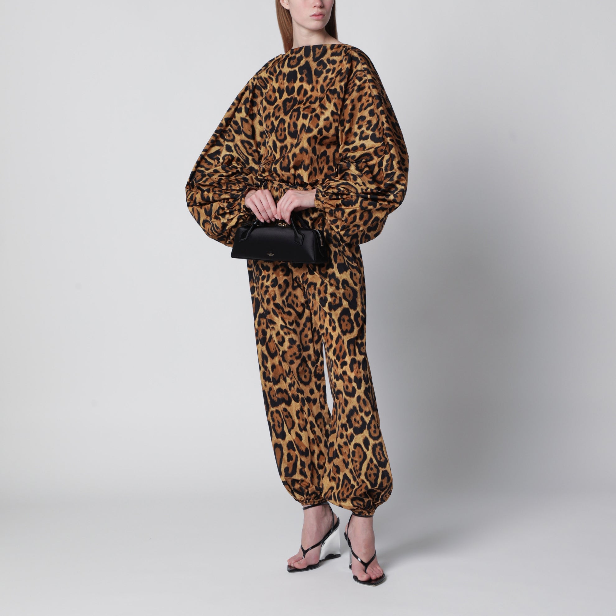 Leopard-print nylon bodysuit shirt