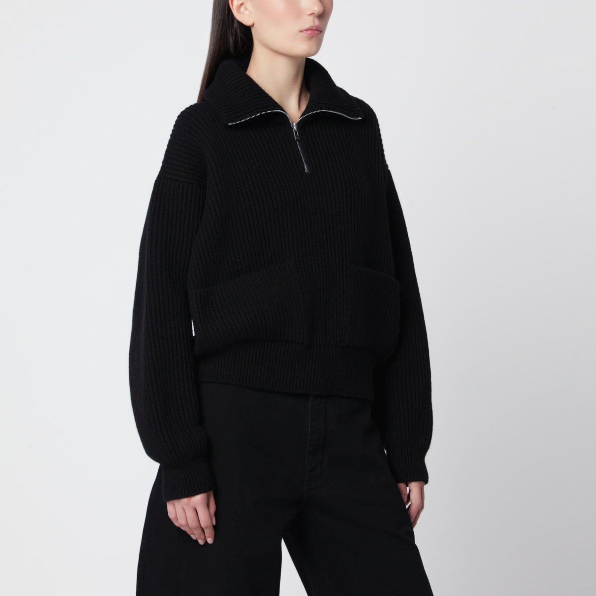 Pullover trucker nero in lana e cashmere