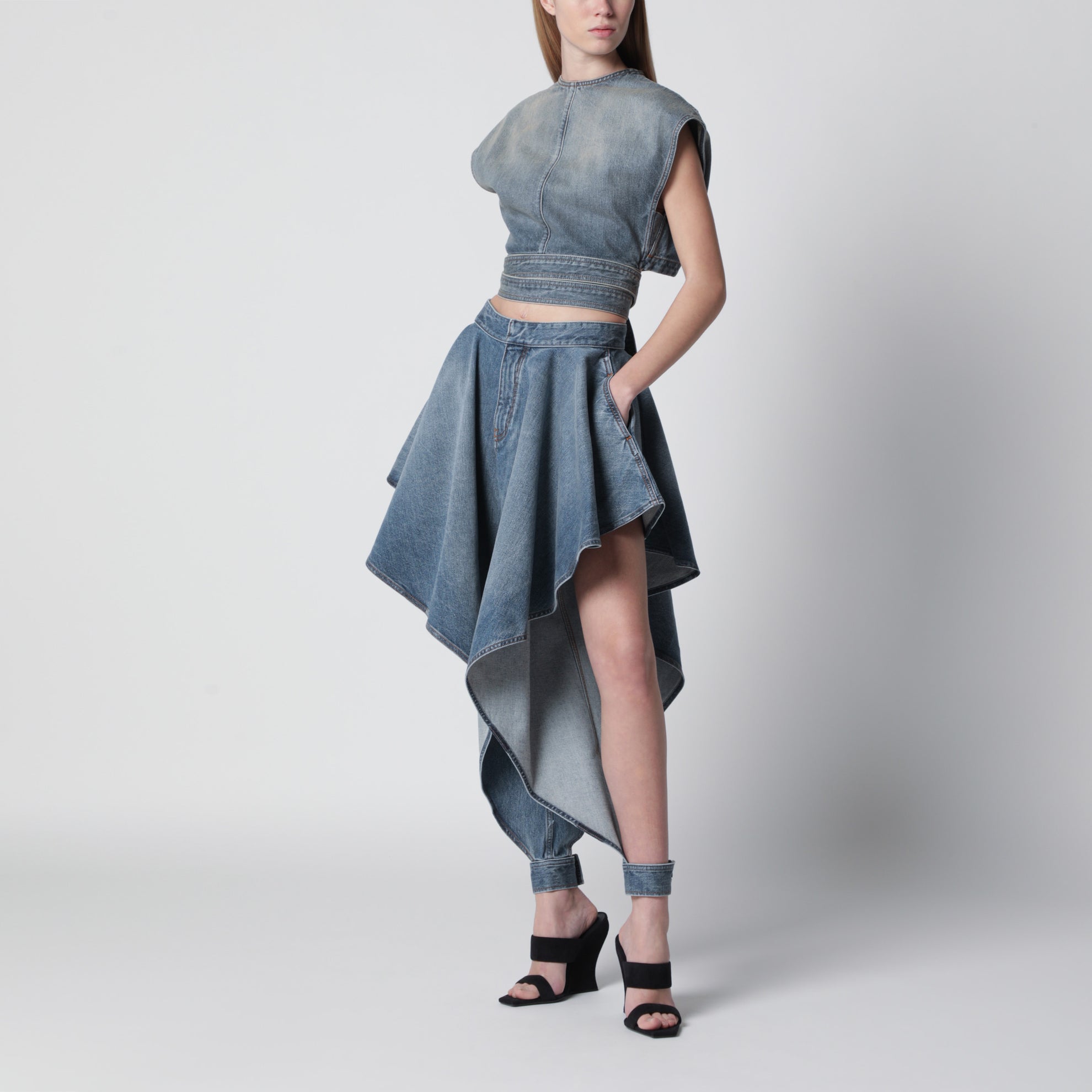 Top mit integriertem Gürtel aus Denim in Blau