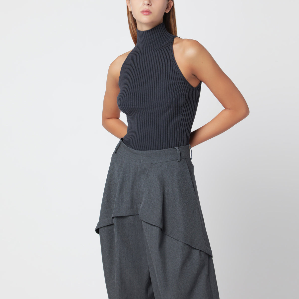 Grey blue ribbed top in wool blend
