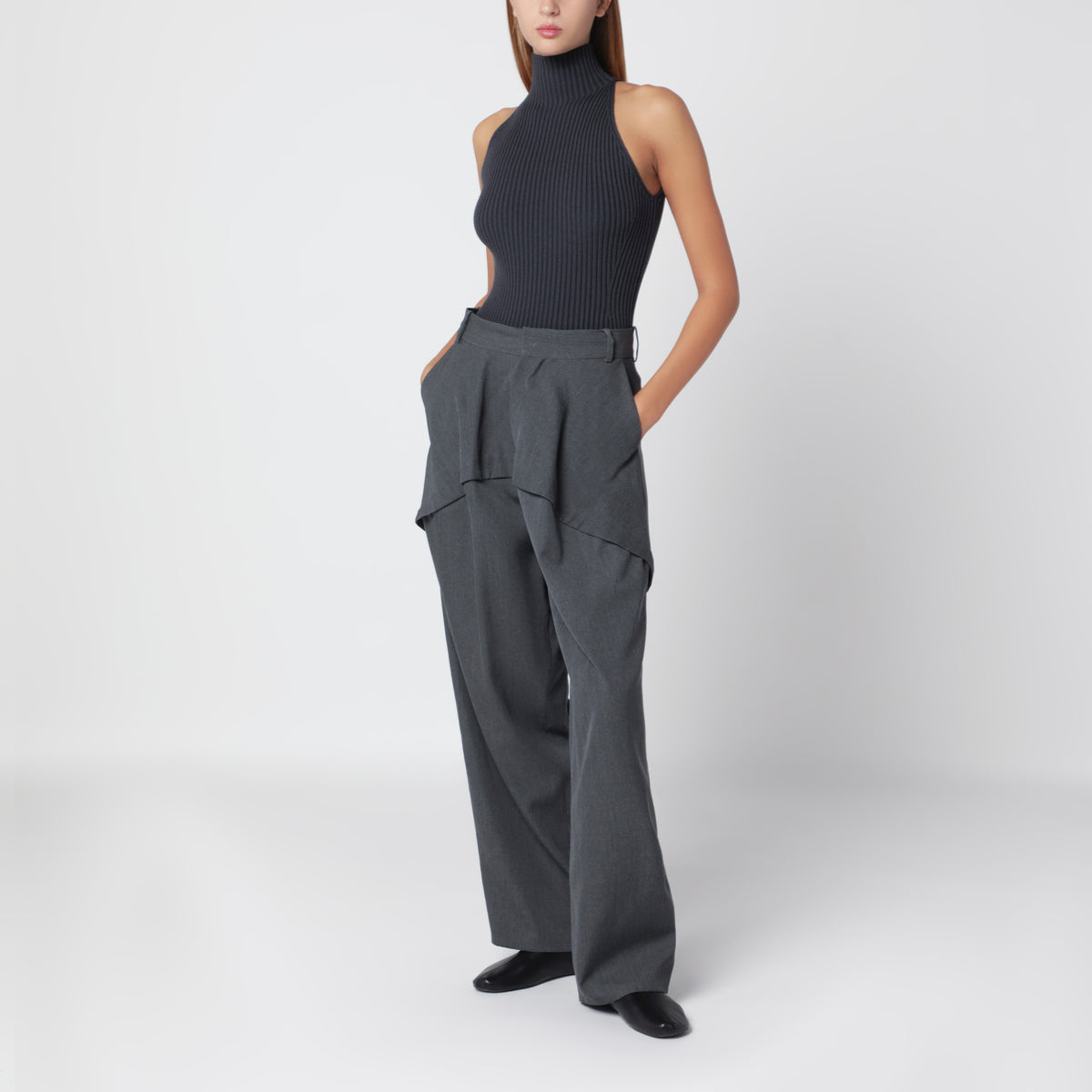 Grey blue ribbed top in wool blend