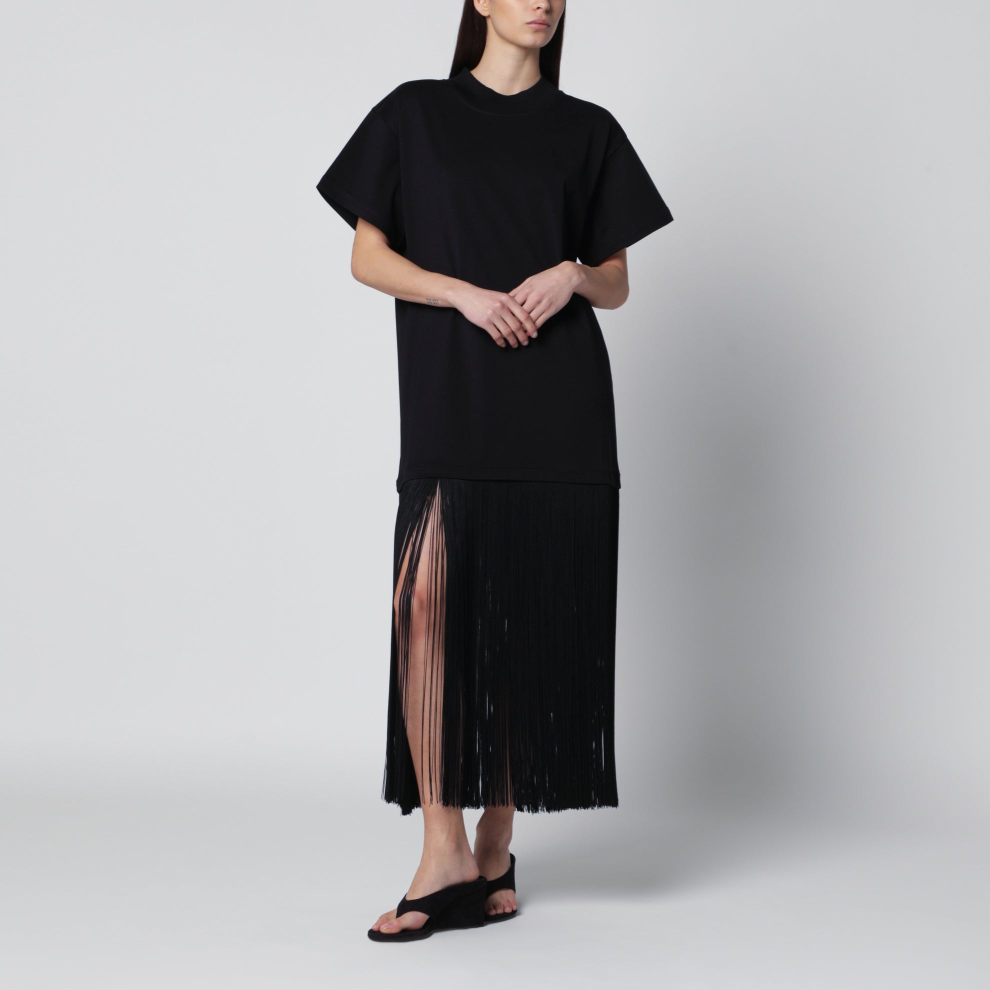 Robe à franges en jersey de coton noir
