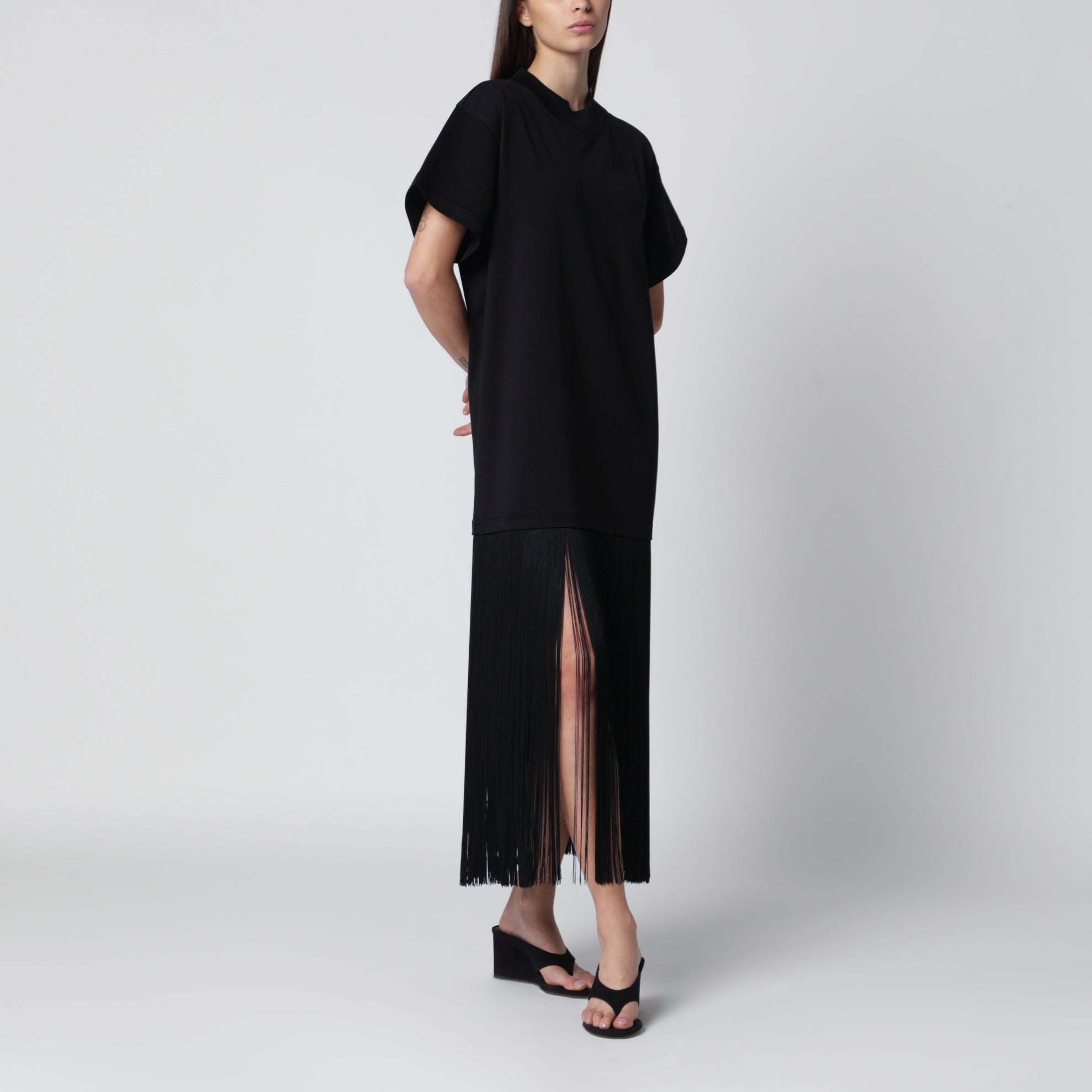 Robe à franges en jersey de coton noir