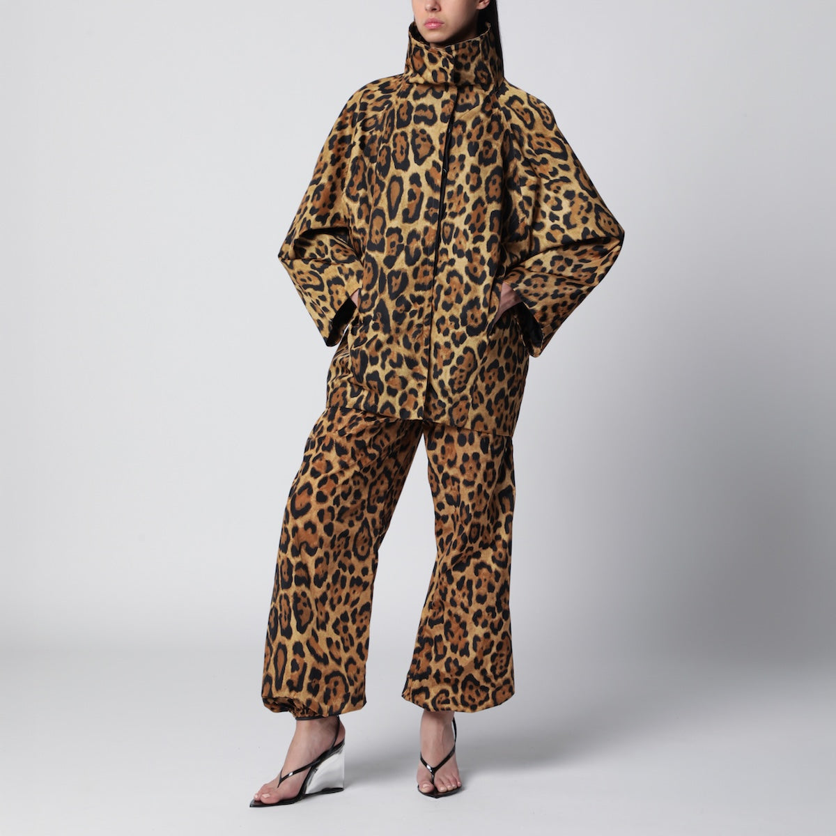 Layered ocelot-print twill coat, noir caramel