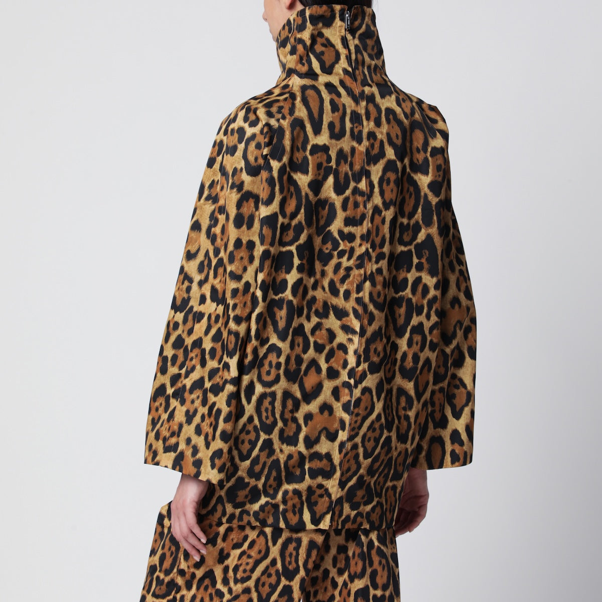 Layered ocelot-print twill coat, noir caramel
