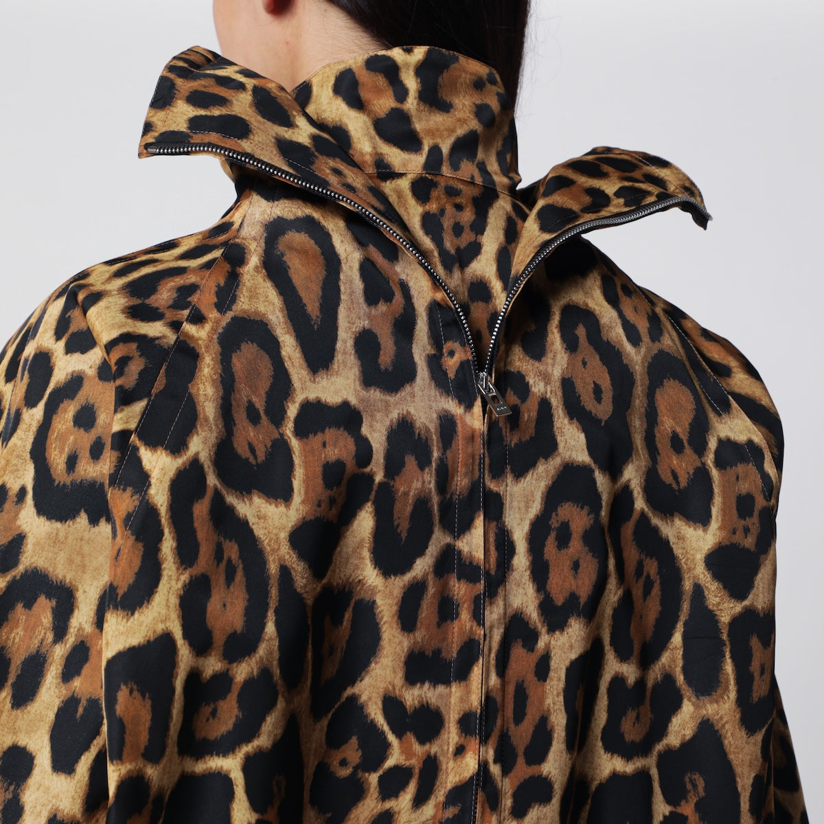 Layered ocelot-print twill coat, noir caramel