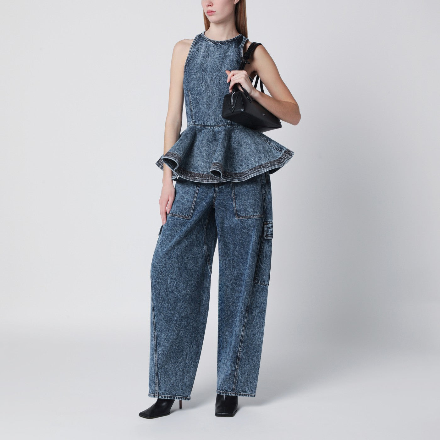 Petal-cut denim trousers