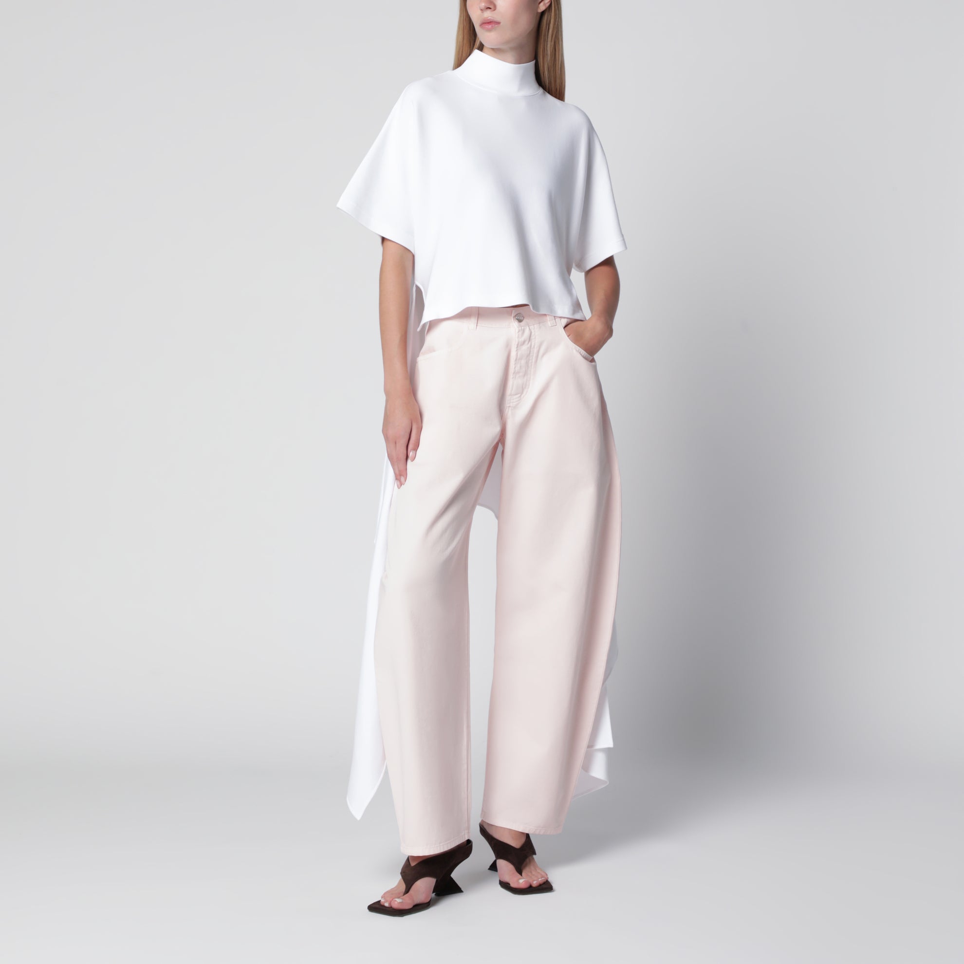 Rounded high-rise cotton denim jeans in pale rose