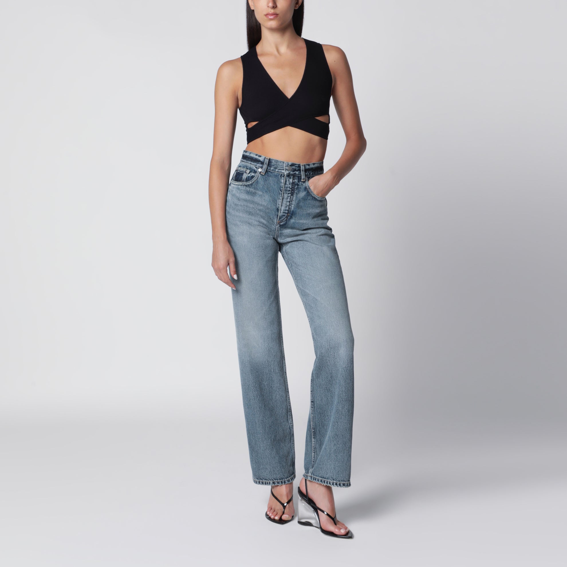 Jeans dritti maxi in denim dirty wash
