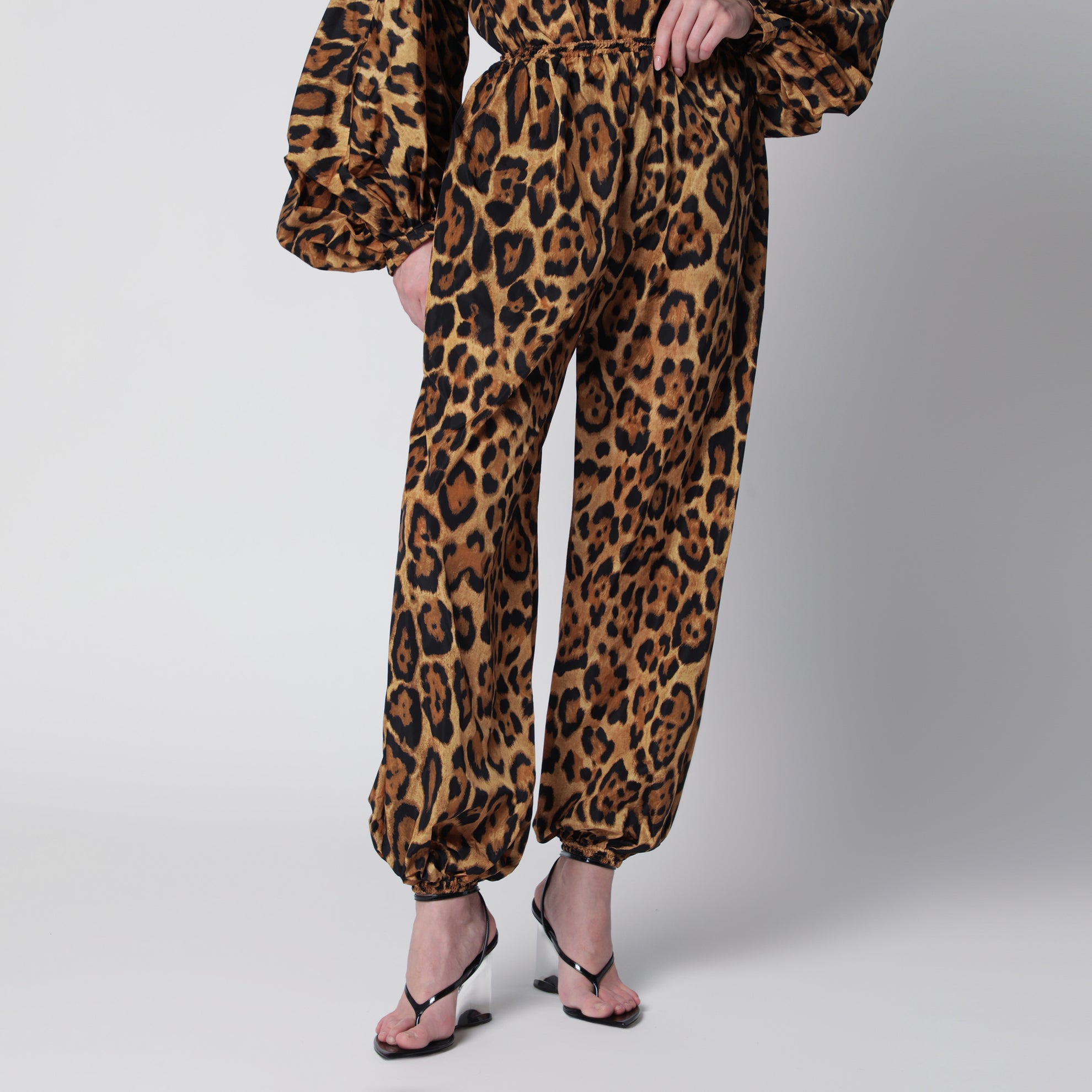 Leopard-print nylon trousers