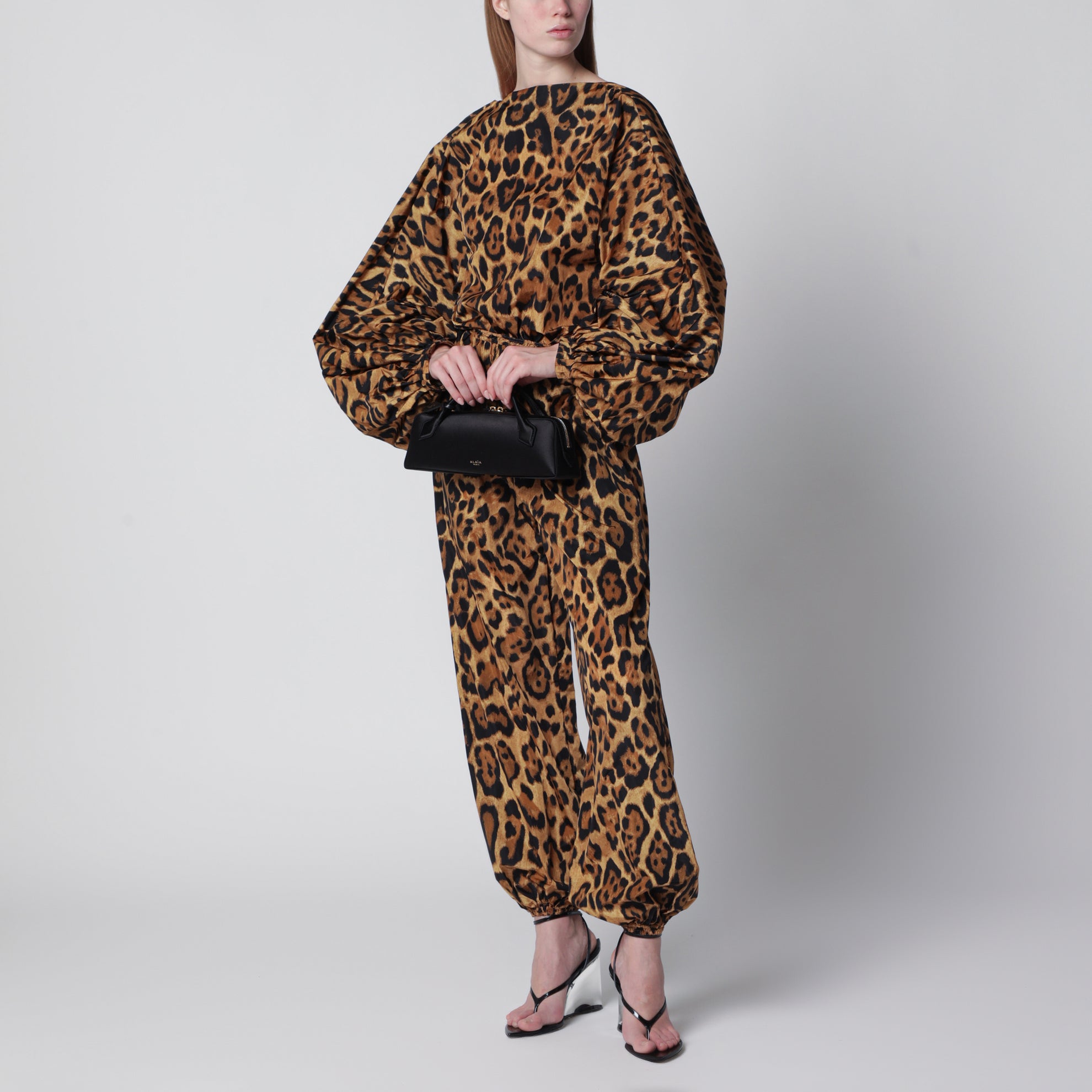 Leopard-print nylon trousers