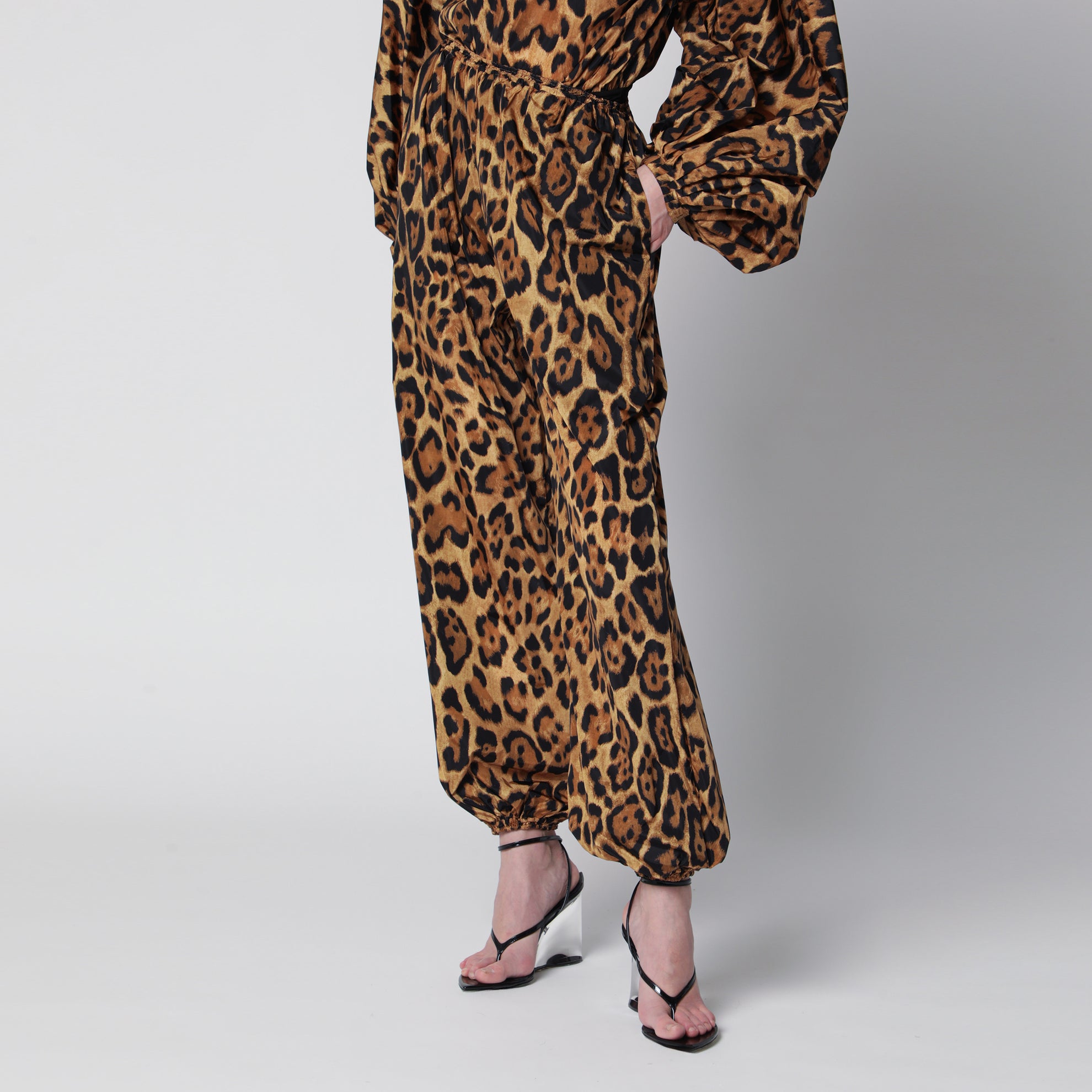 Leopard-print nylon trousers