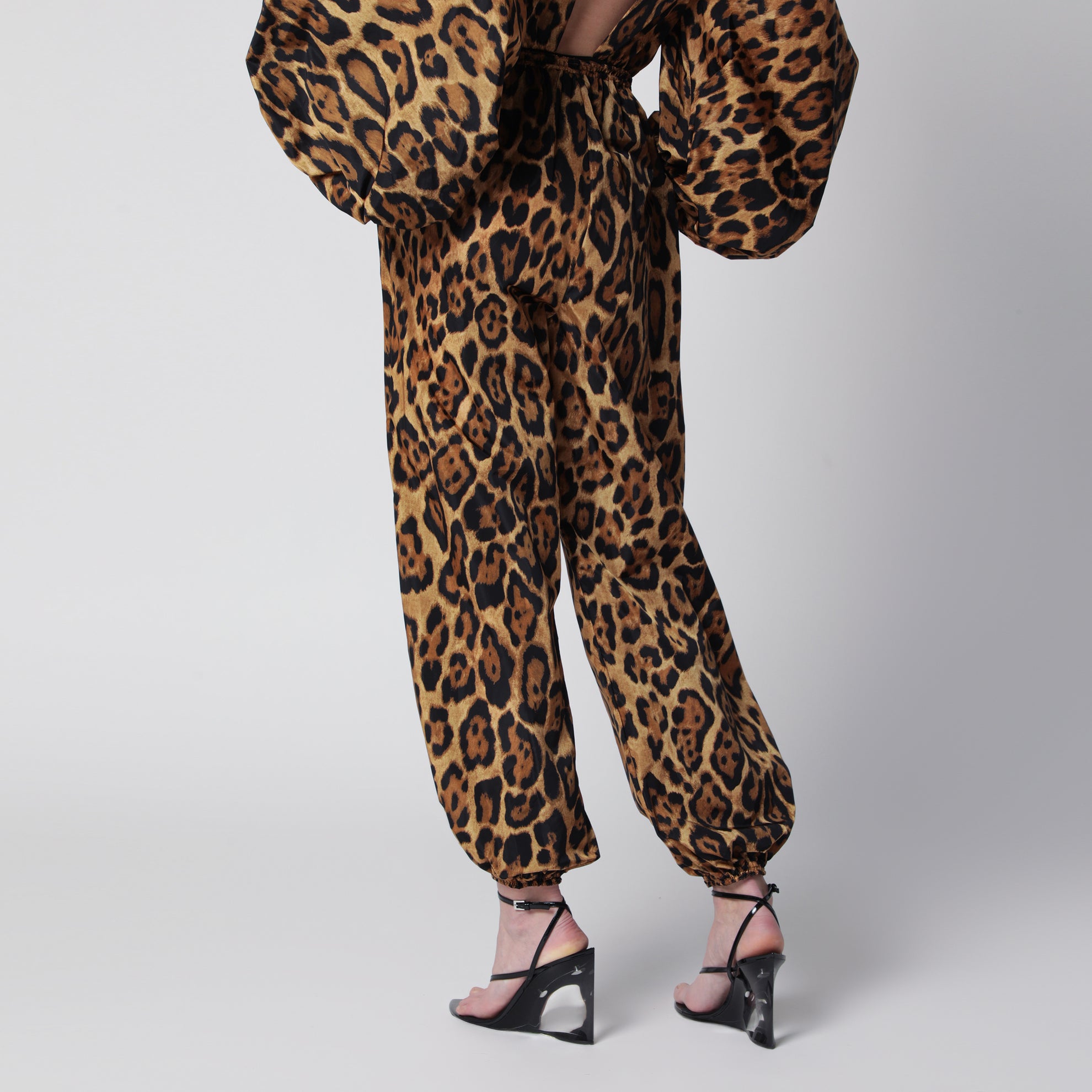 Leopard-print nylon trousers