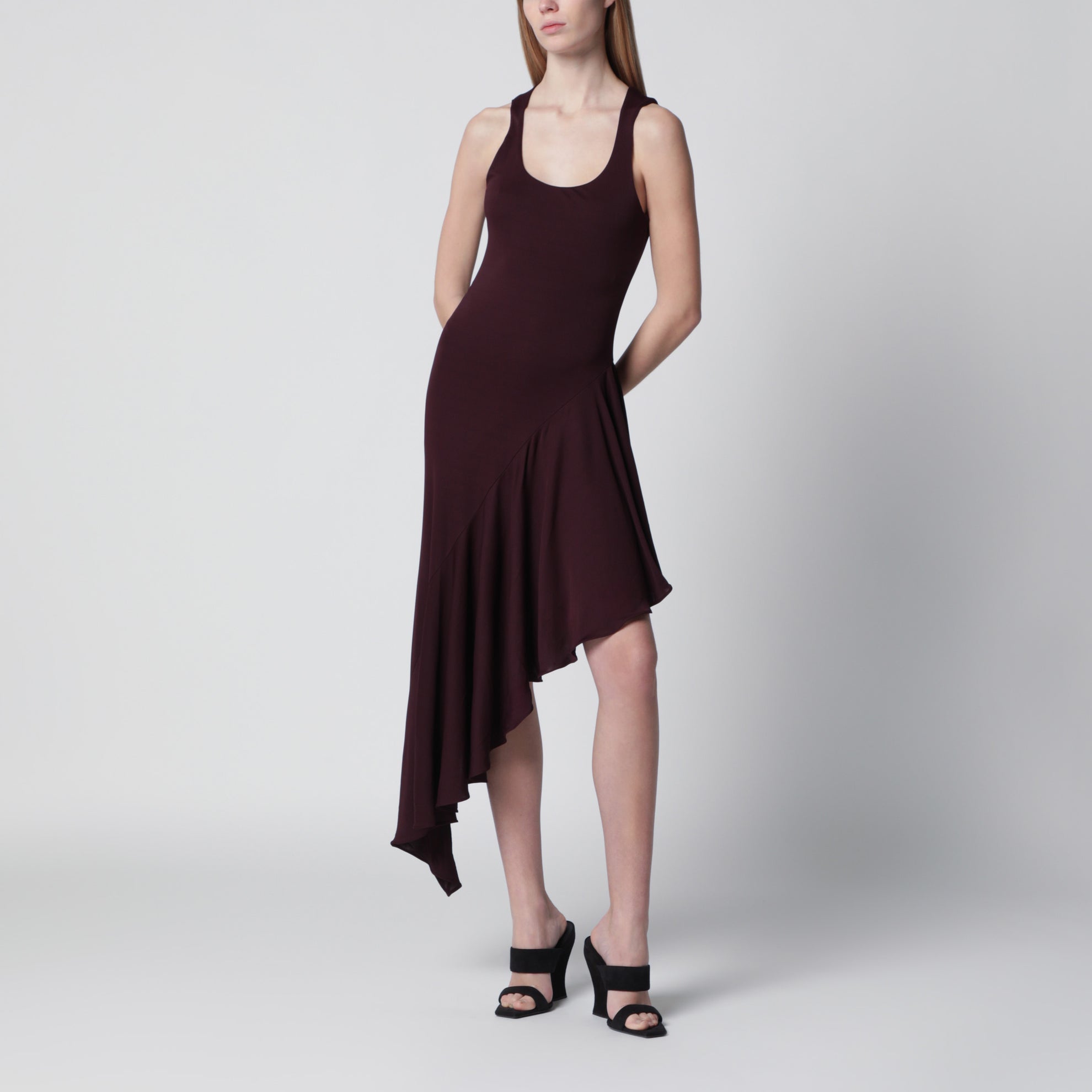 Asymmetric fluid jersey dress in burgundy viscose