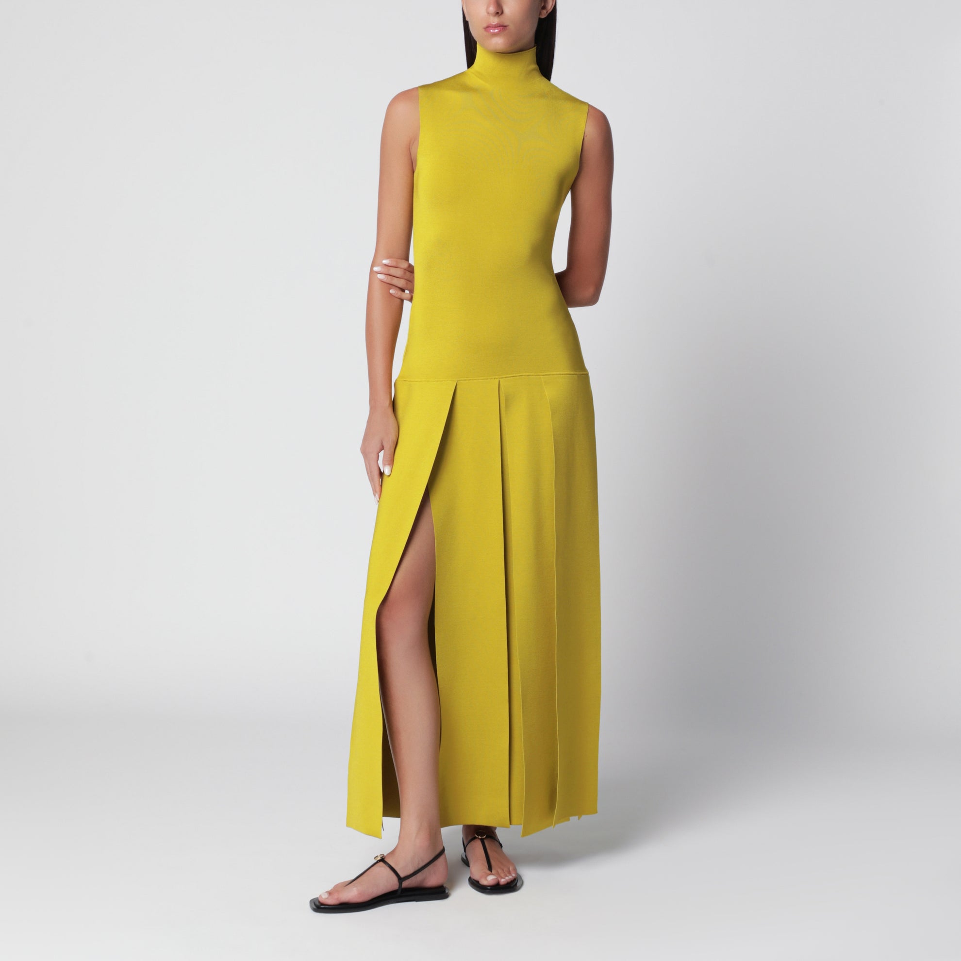 Robe maxi lime plissée en viscose