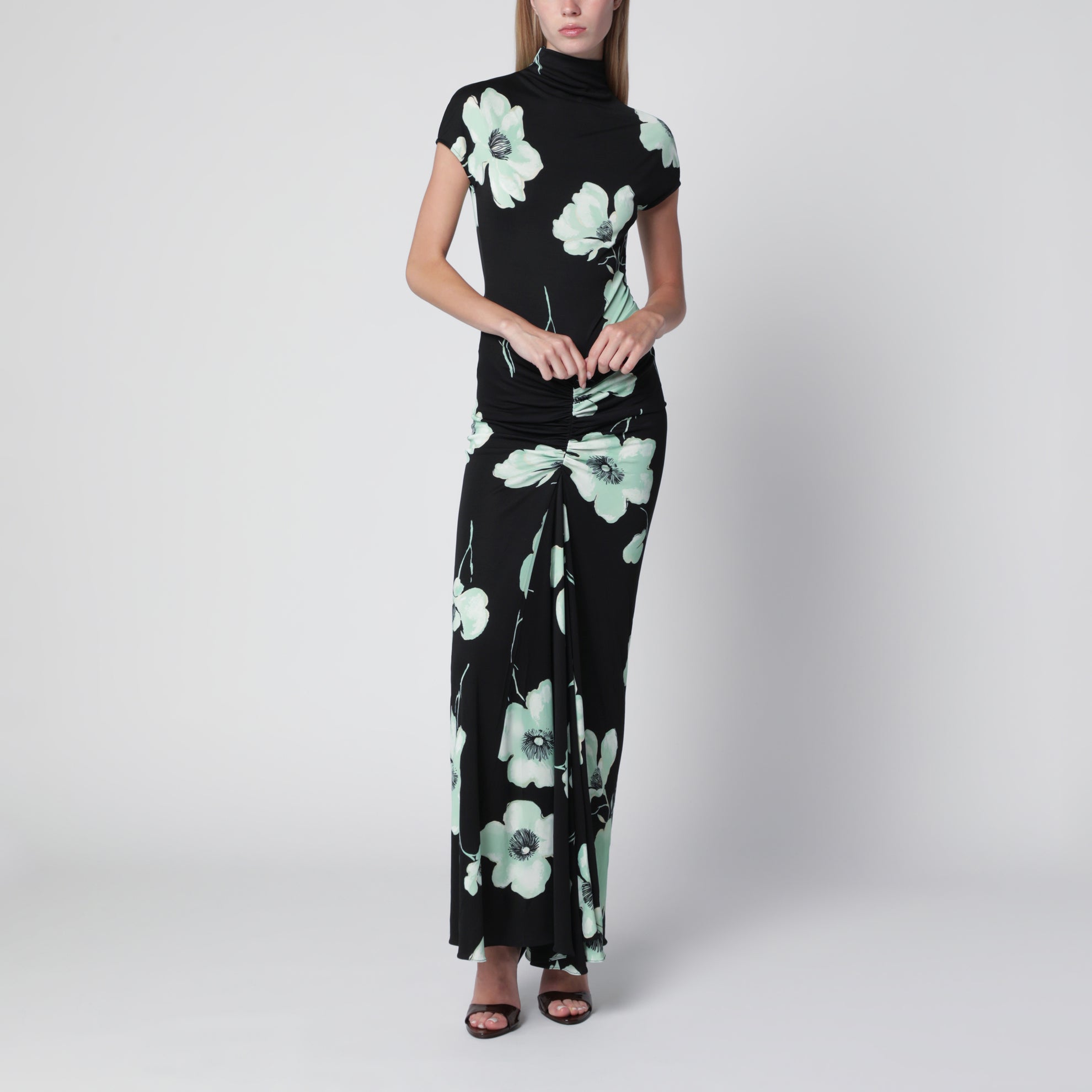 Drapiertes Kleid mit Sakura-Print aus Viskose, schwarz/aqua