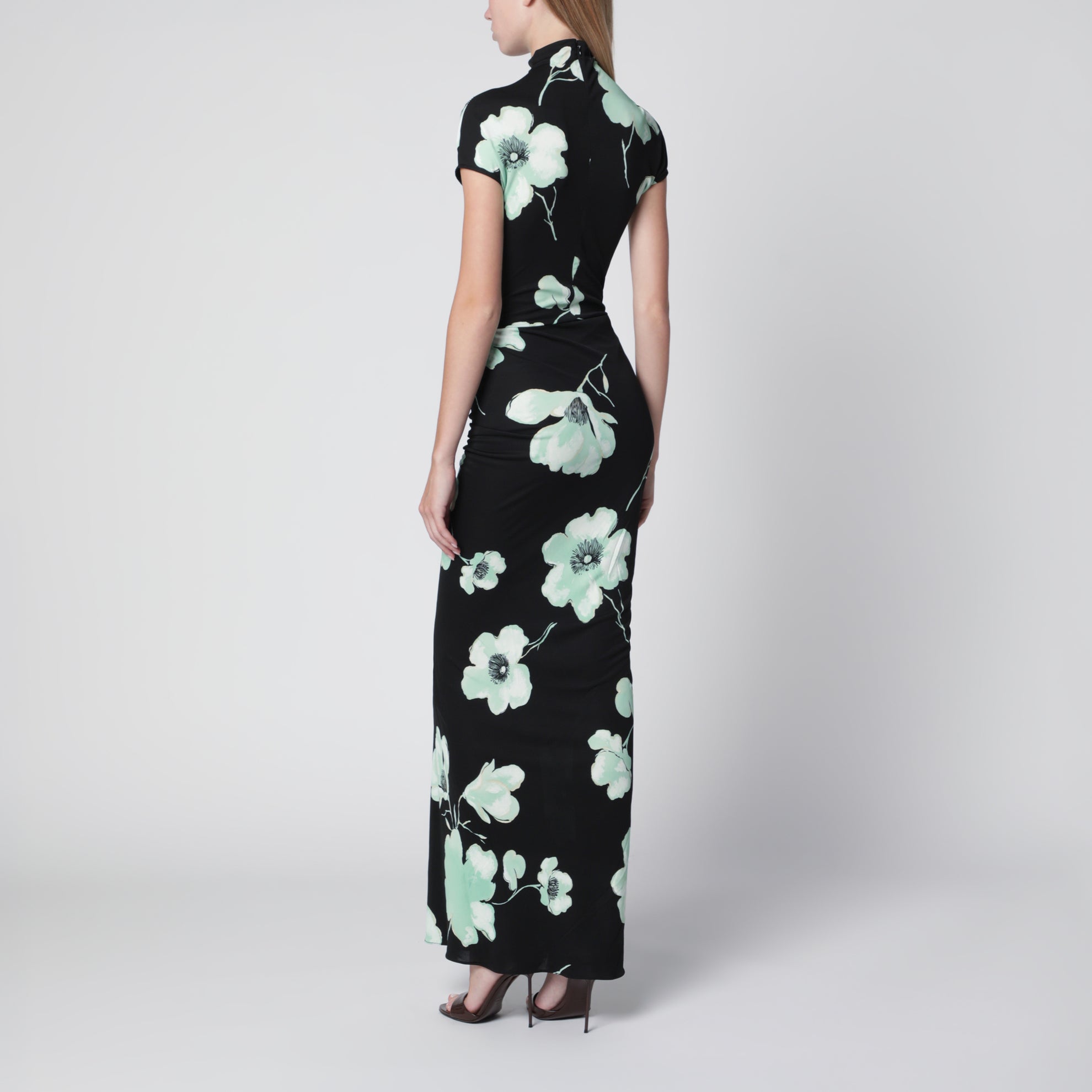 Drapiertes Kleid mit Sakura-Print aus Viskose, schwarz/aqua
