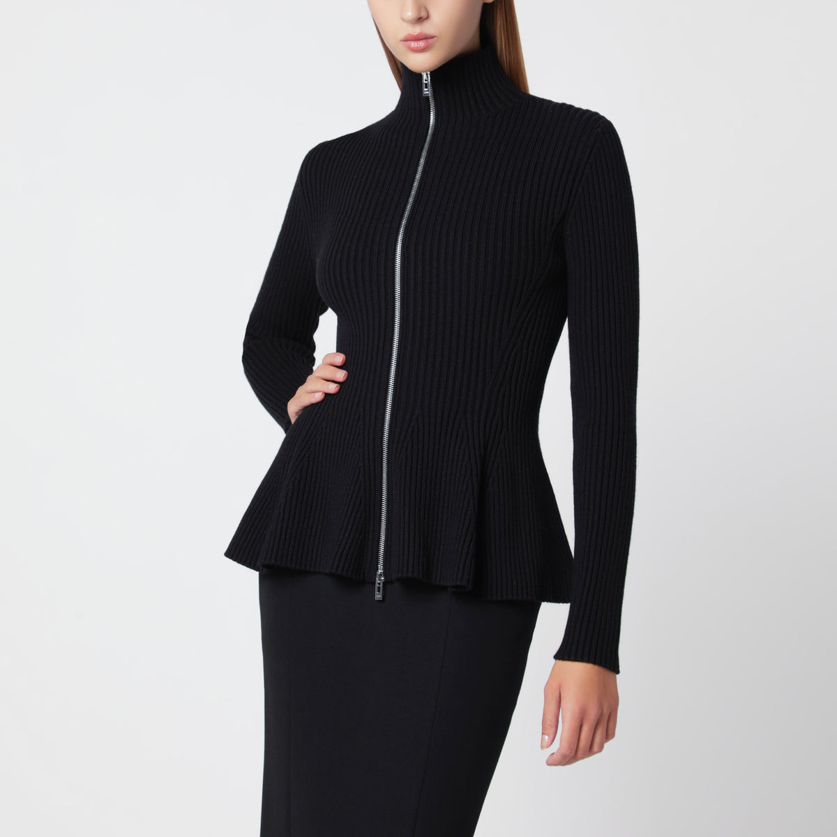 Black zip-up cardigan in wool blend