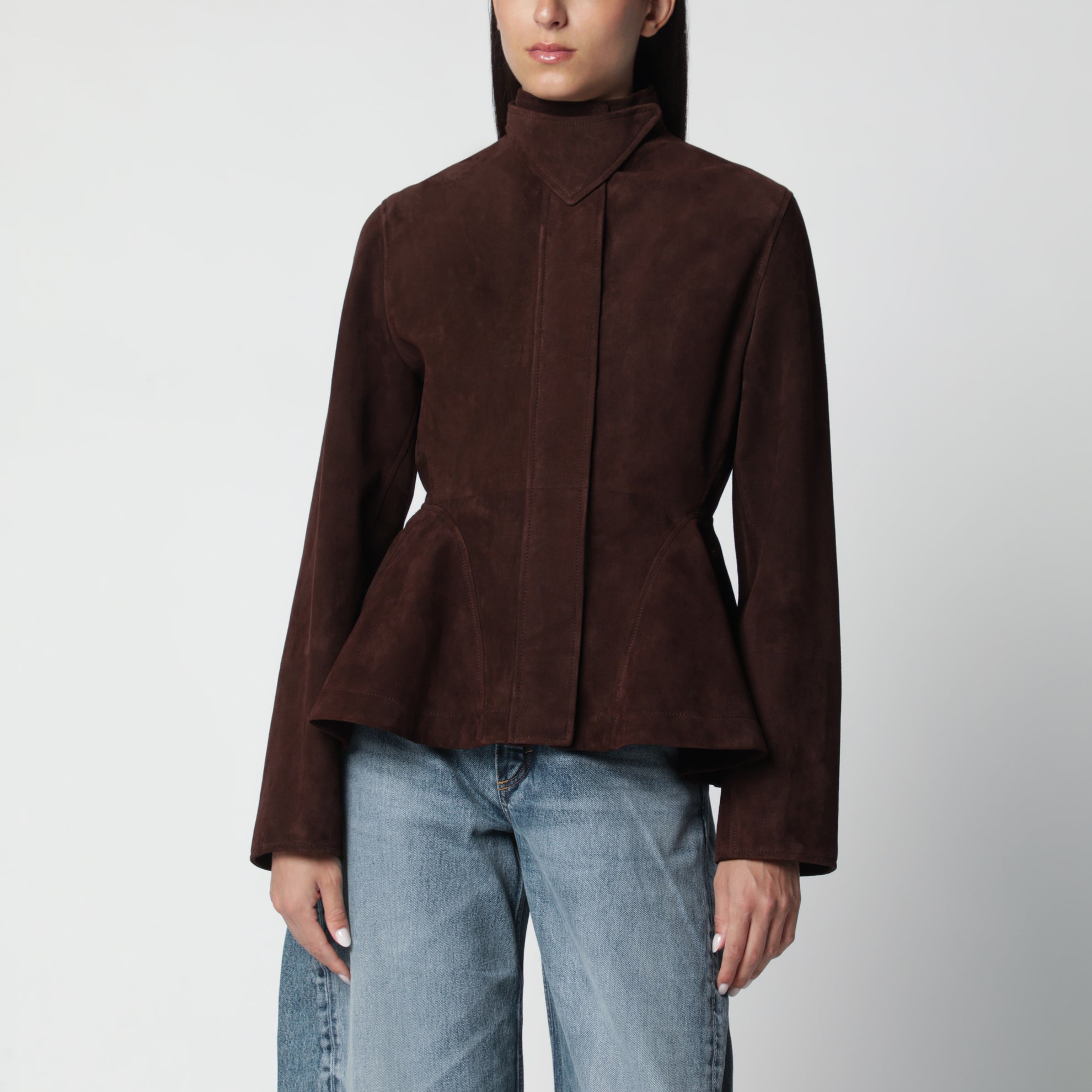 Giacca peplum in pelle scamosciata cioccolato