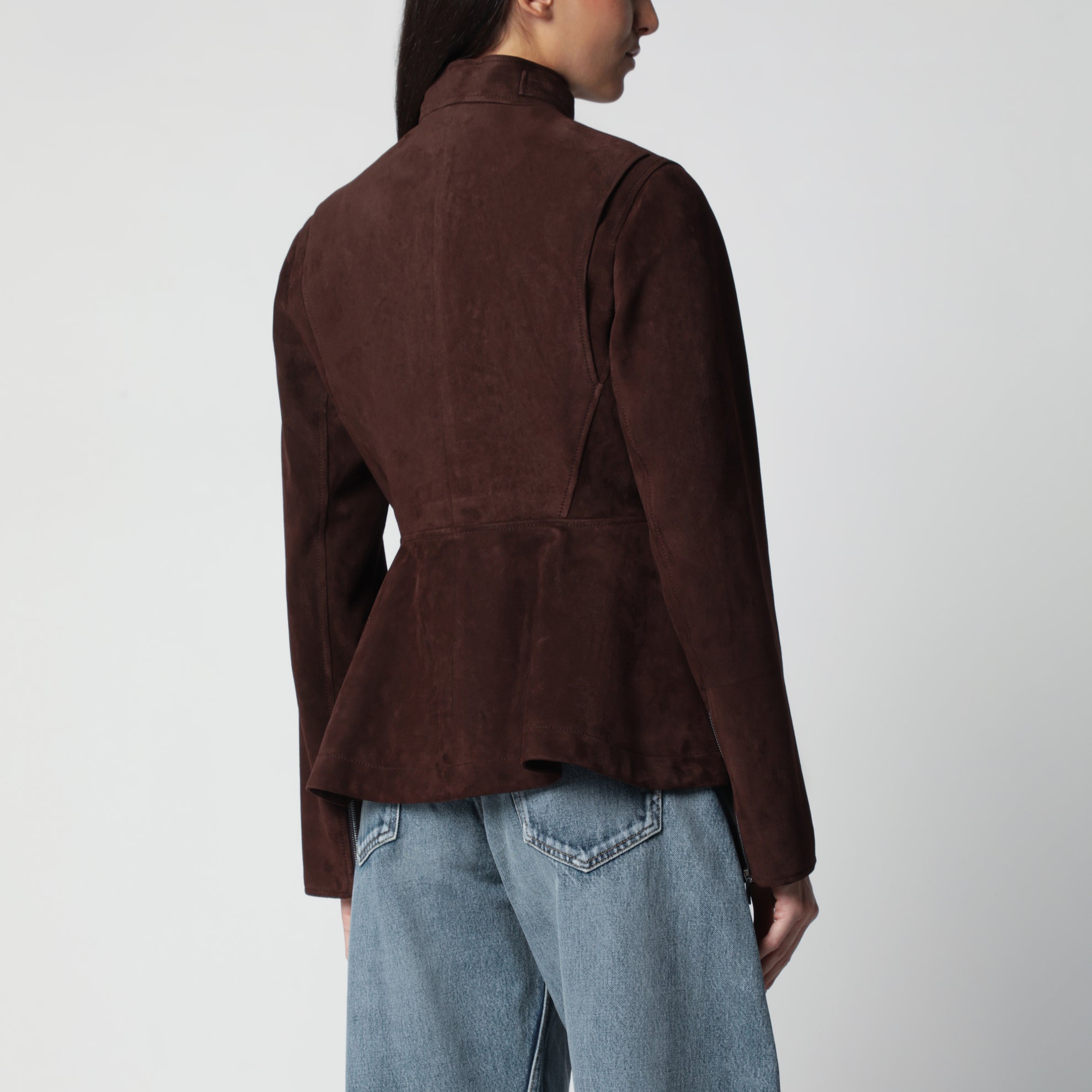 Giacca peplum in pelle scamosciata cioccolato