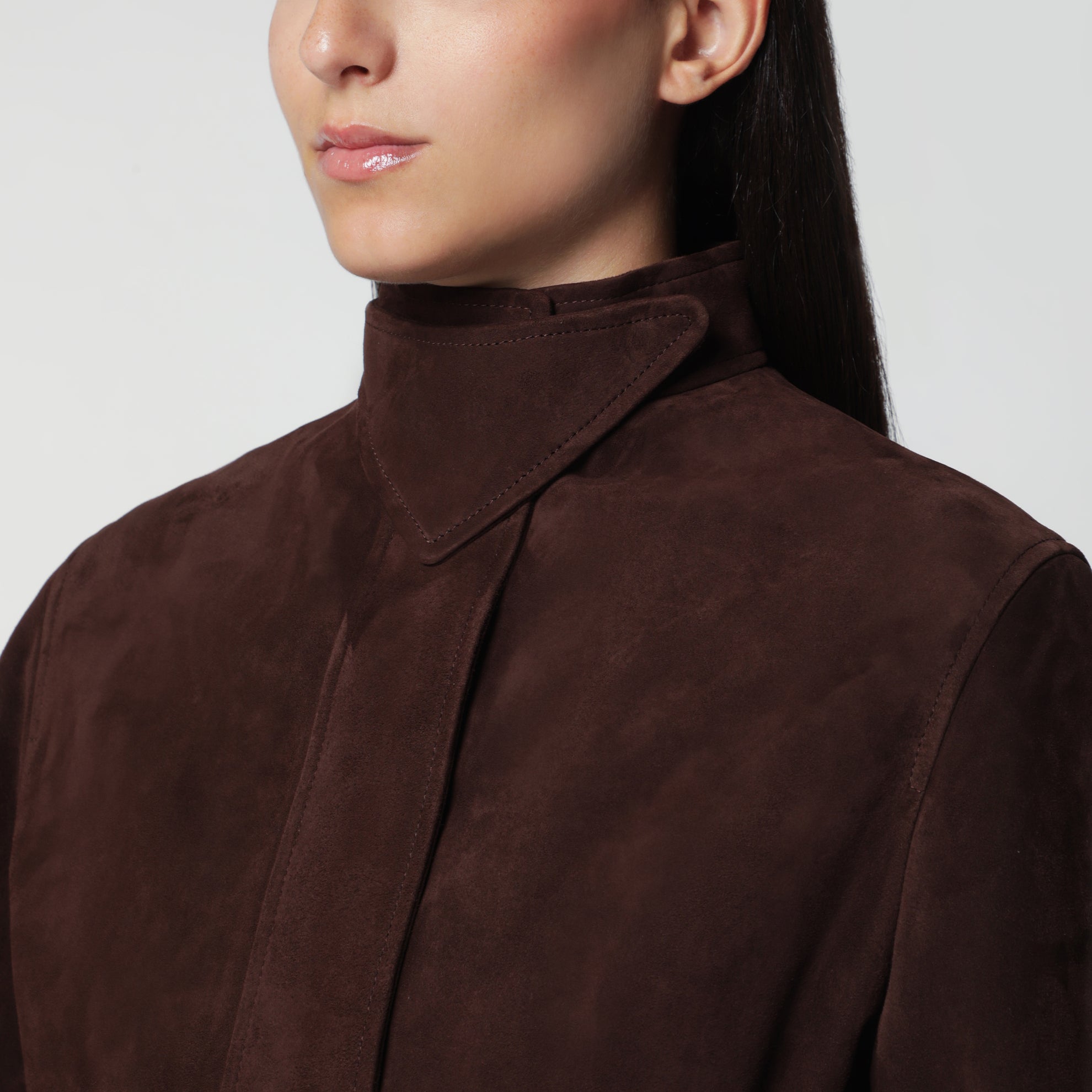 Giacca peplum in pelle scamosciata cioccolato