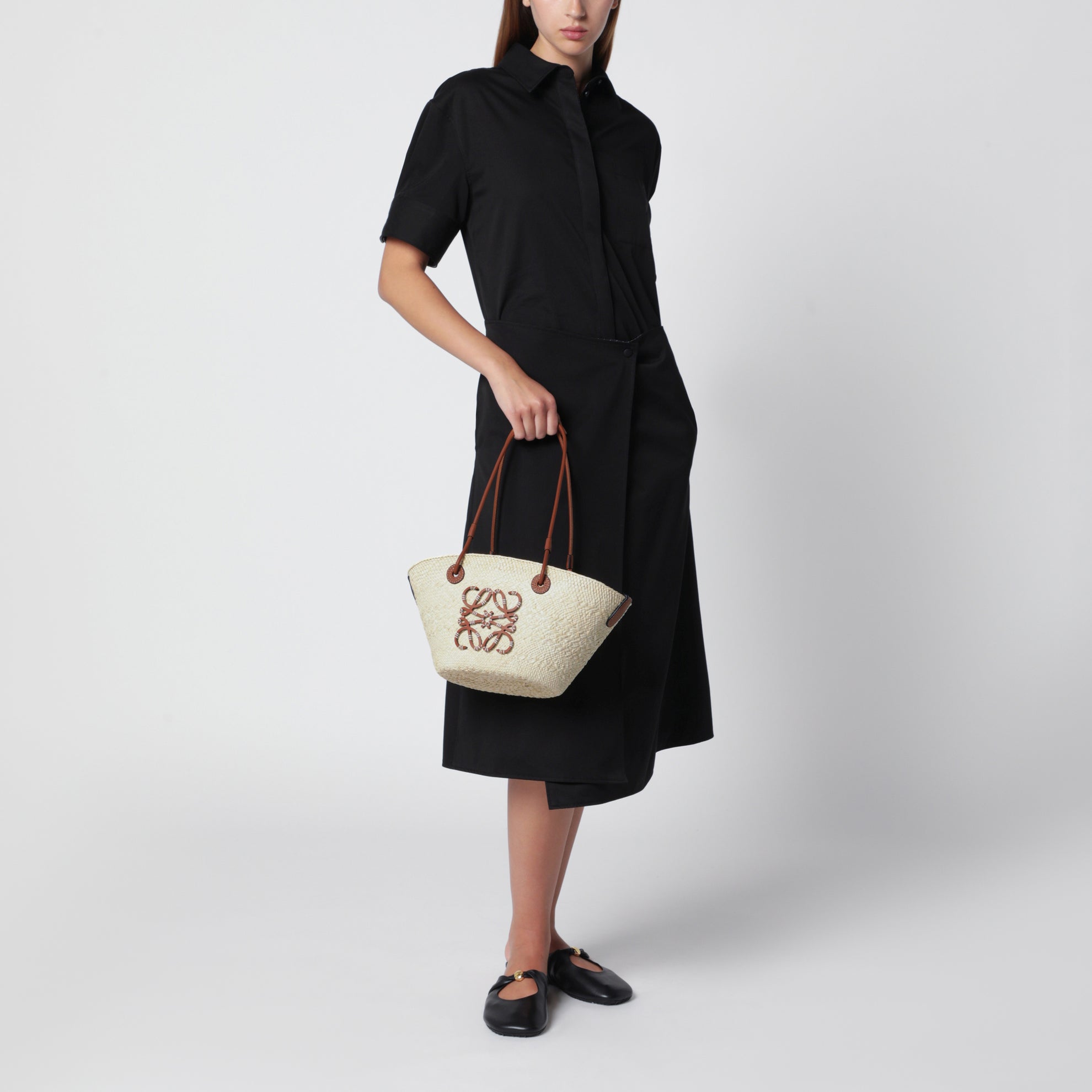 Small Anagram basket bag in iraca palm and leather