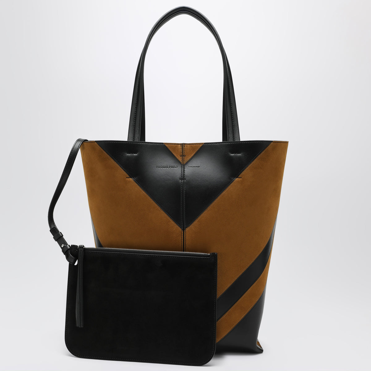Pot Cabas in black toffee leather and suede