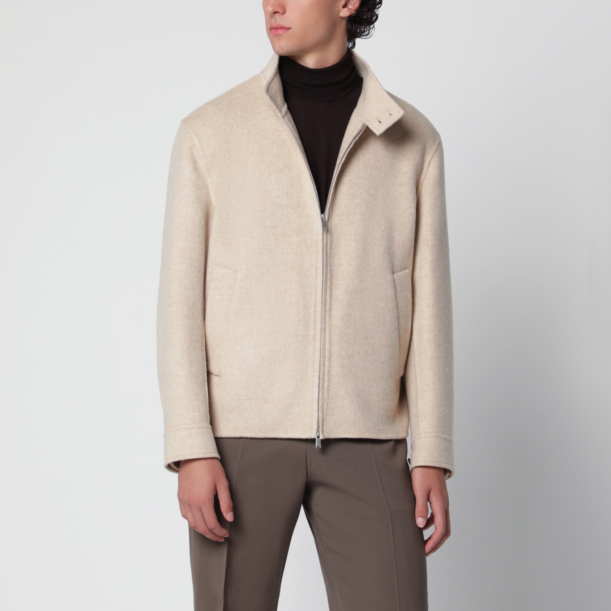 Giacca con zip beige in lana e cashmere