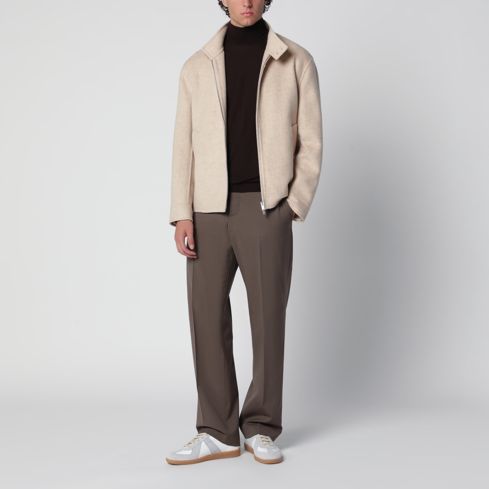 Giacca con zip beige in lana e cashmere