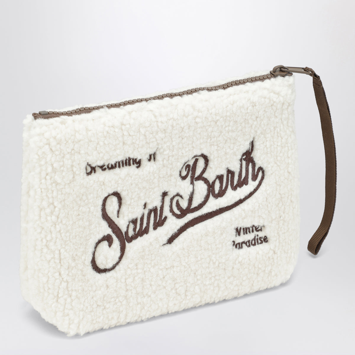 White bouclé fabric pouch