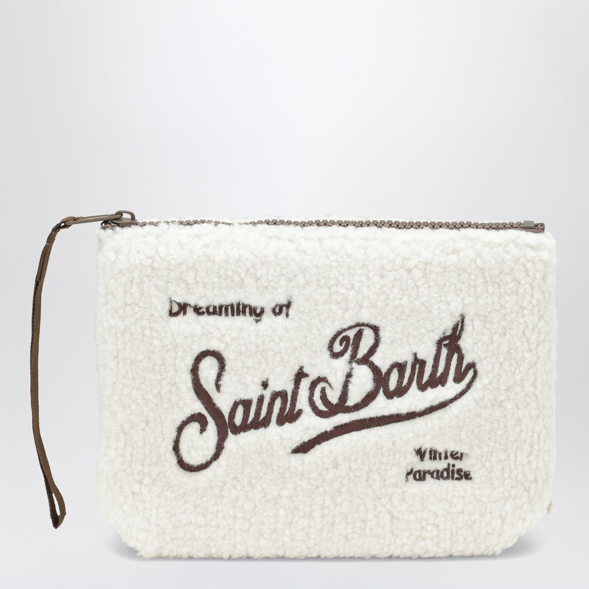 White bouclé fabric pouch