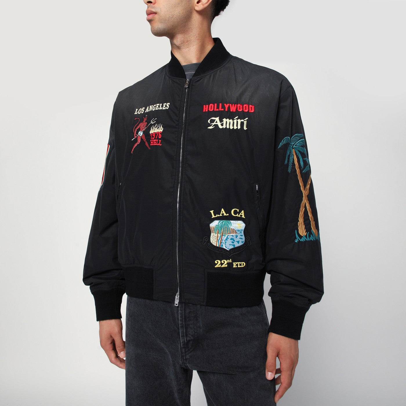 Black cotton and nylon bomber jacket