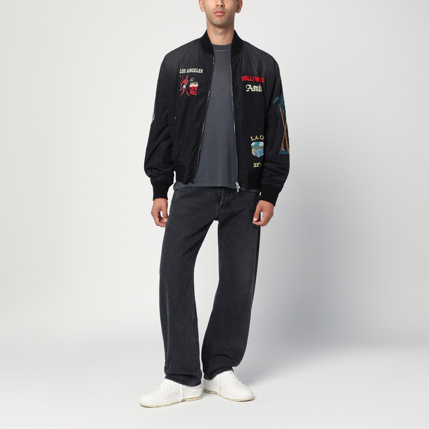 Black cotton and nylon bomber jacket