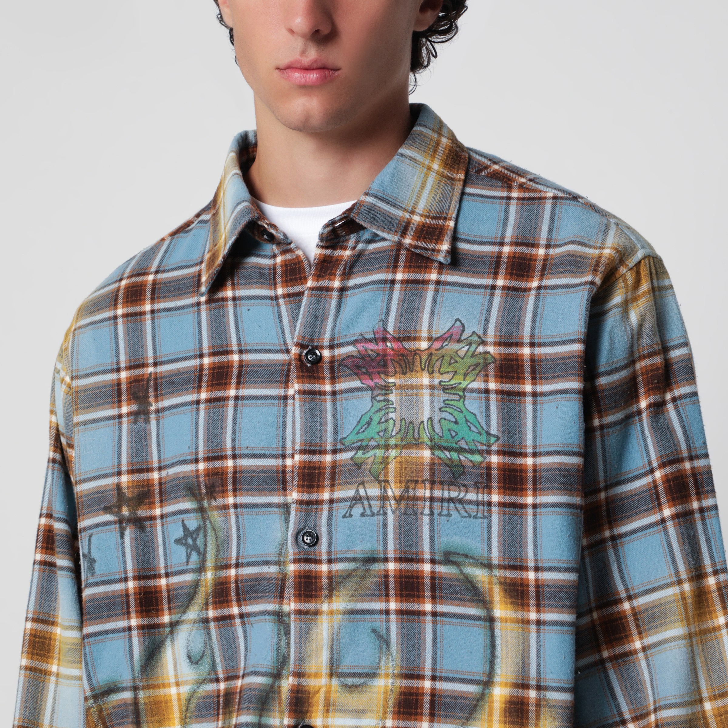 AMIRI MA Quad Bleached Blue Cotton Flannel Shirt | TheDoubleF