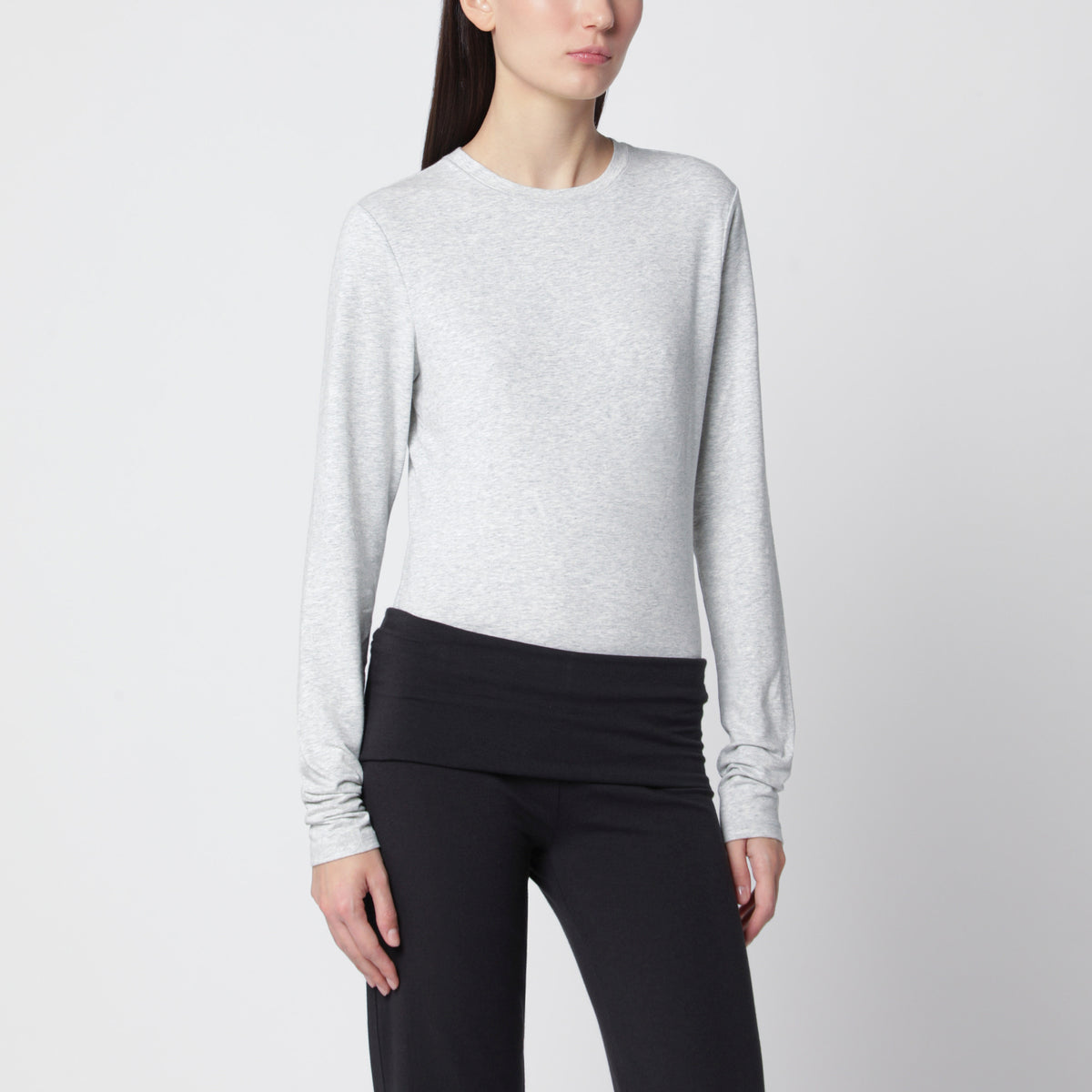 Light grey long-sleeved T-shirt in stretch cotton jersey