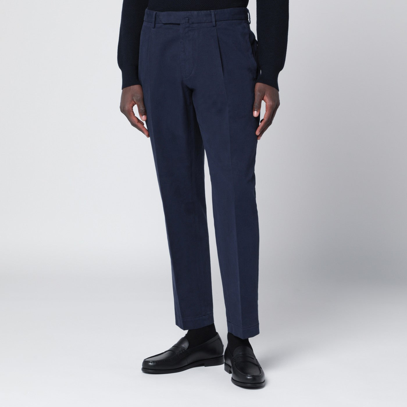 Pantalon bleu marine en coton et cachemire