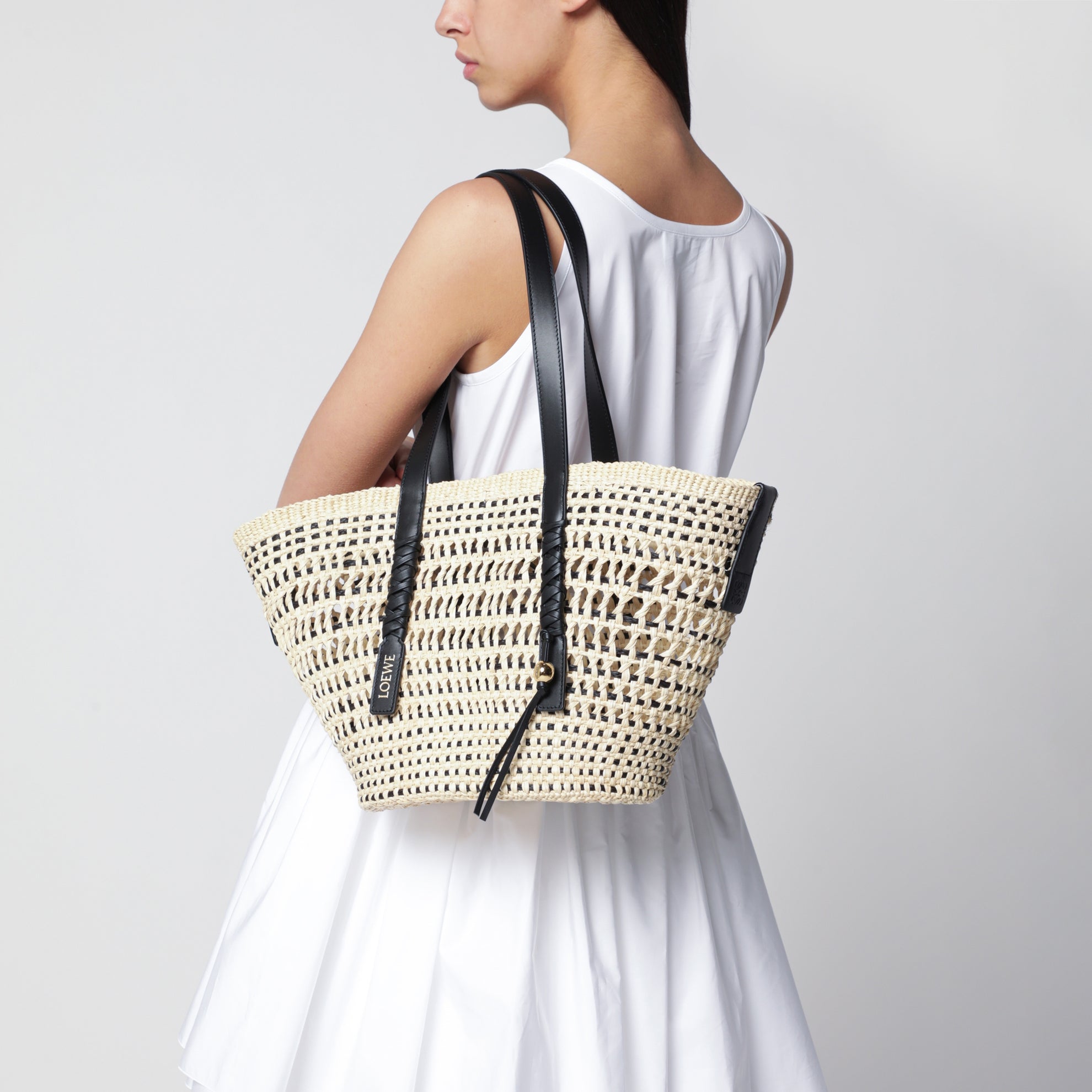 Medium black Iraca palm and leather Braid basket bag