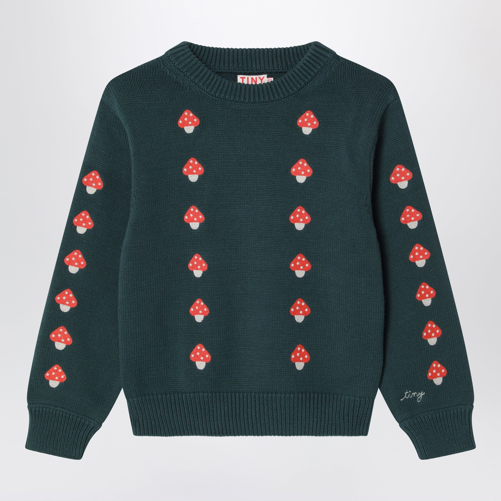 Maglione verde scuro in cotone con funghetti ricamati
