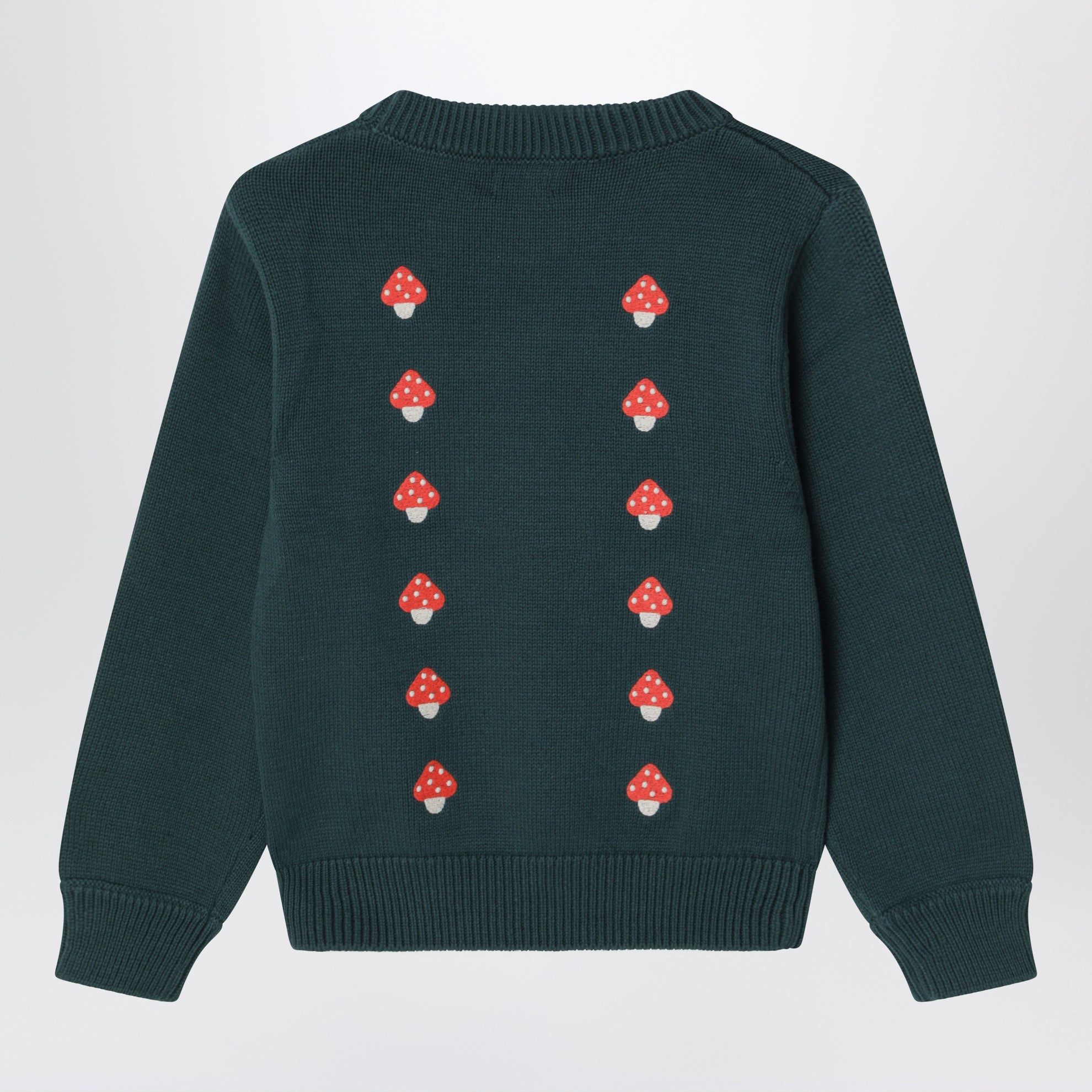 Maglione verde scuro in cotone con funghetti ricamati