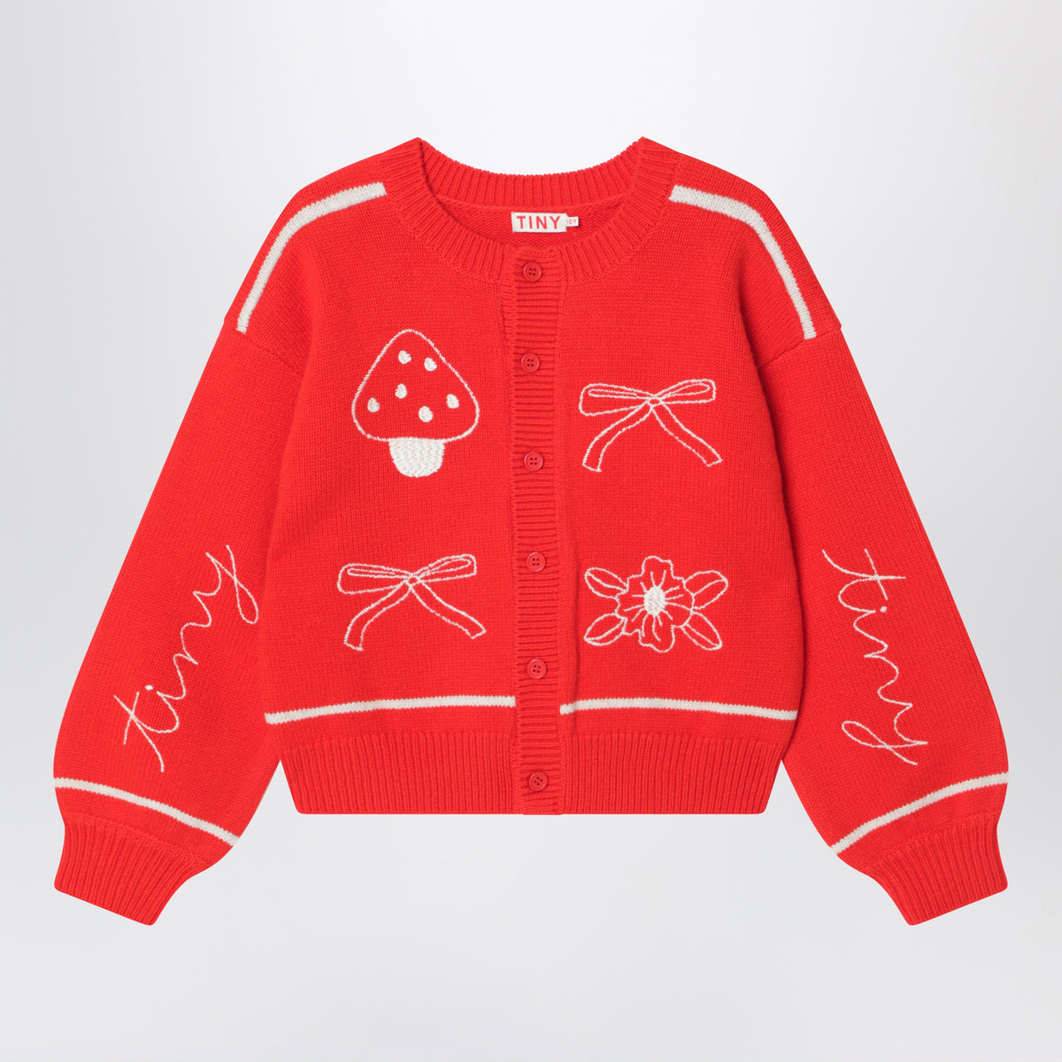 Red round-neck woollen cardigan