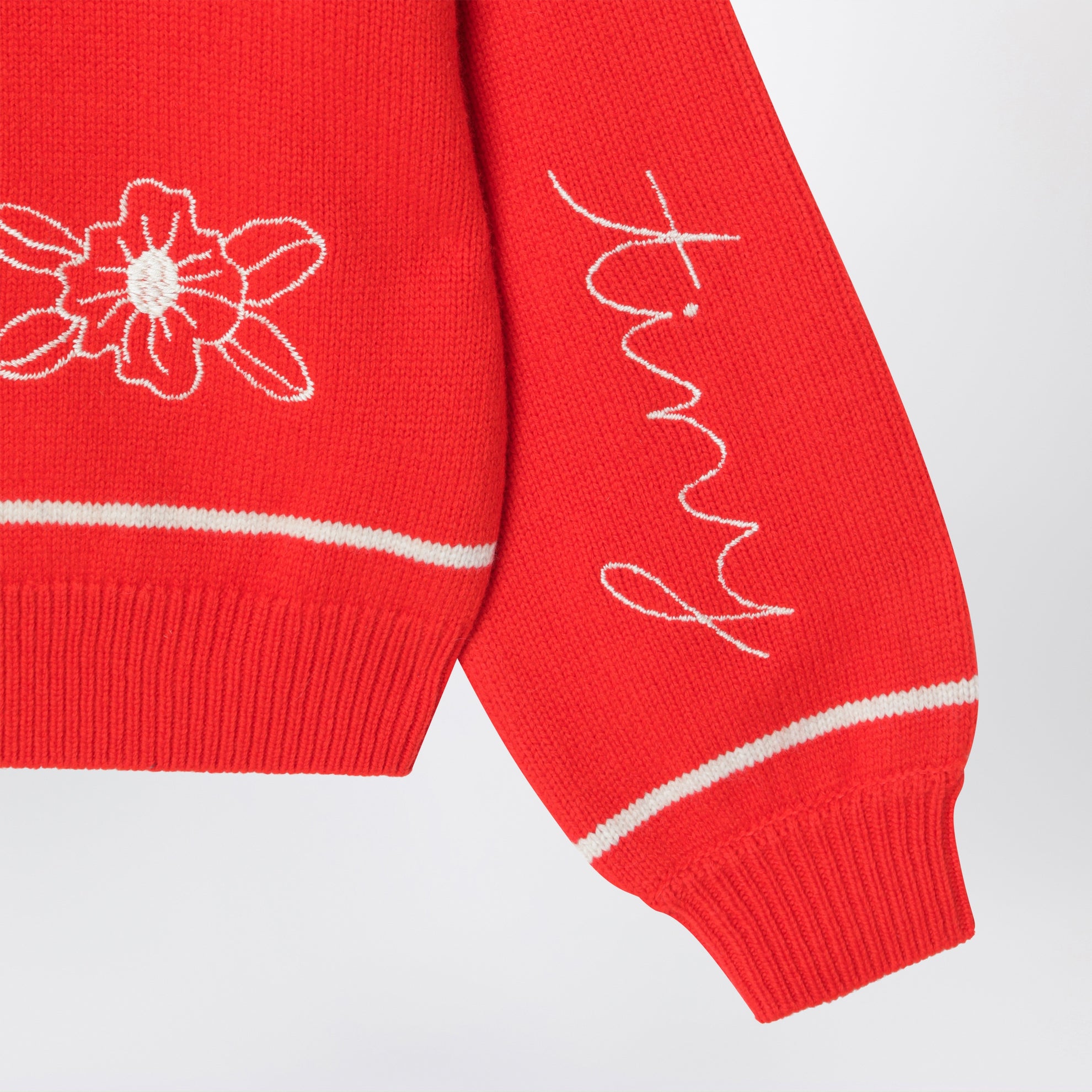 Red round-neck woollen cardigan