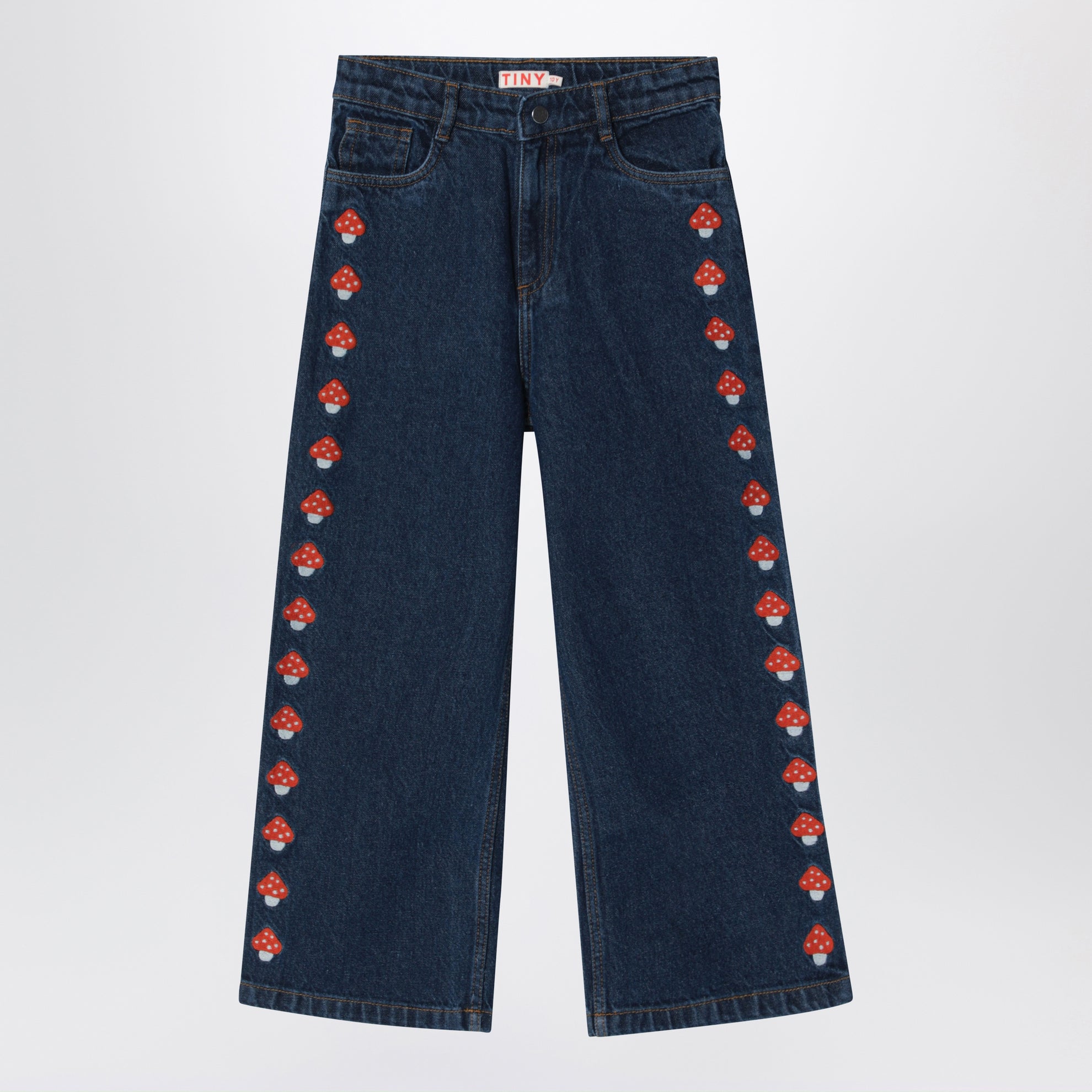 Jeans blu scuro con funghi ricamati